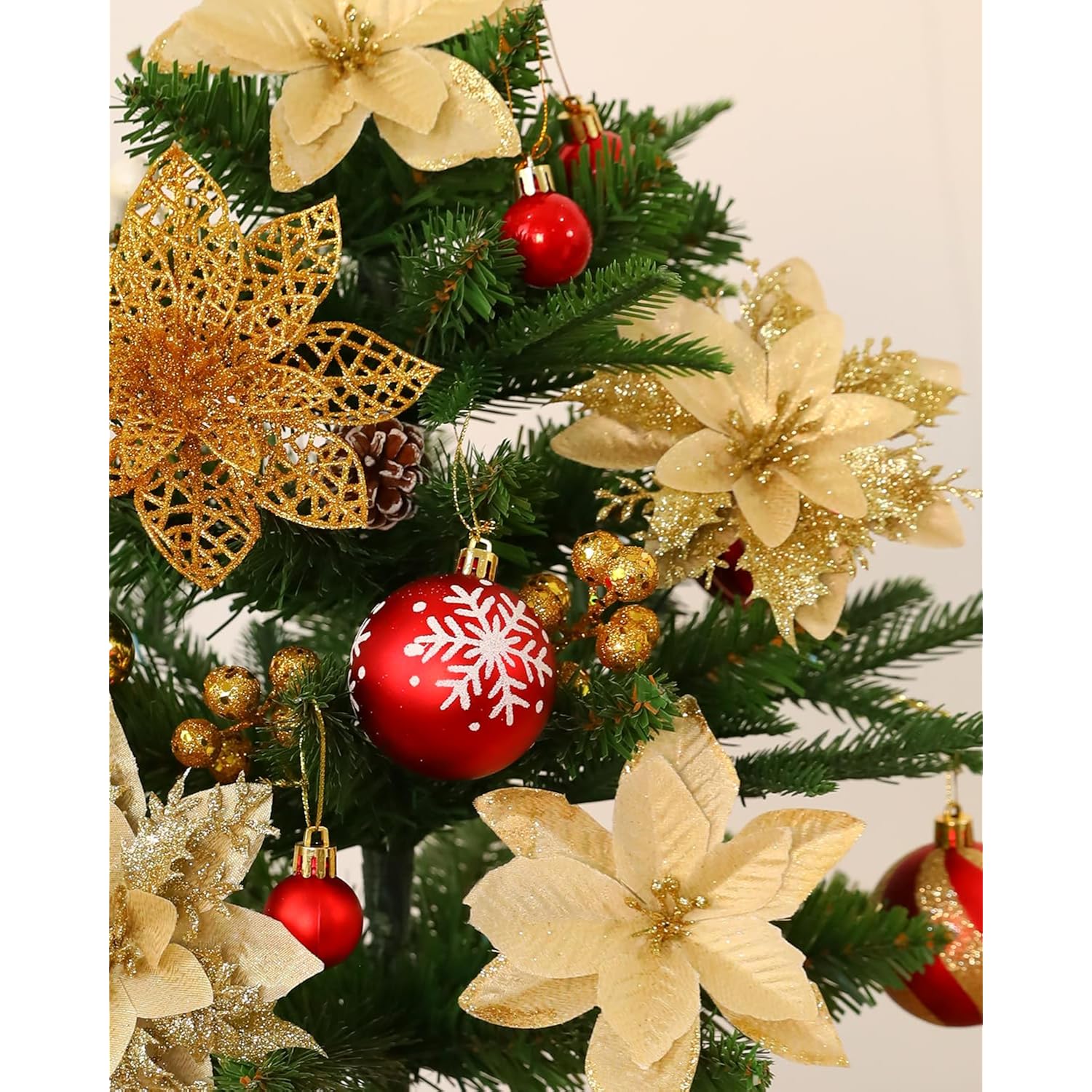 Poinsettias Artificial Christmas Flowers Decorations - 30 Pcs 3 Styles Artificial Gold Poinsettia Flowers For Christmas Tree,Artificial Holly Berry Stems Fake Poinsettia With Clips For Outdoor Decor