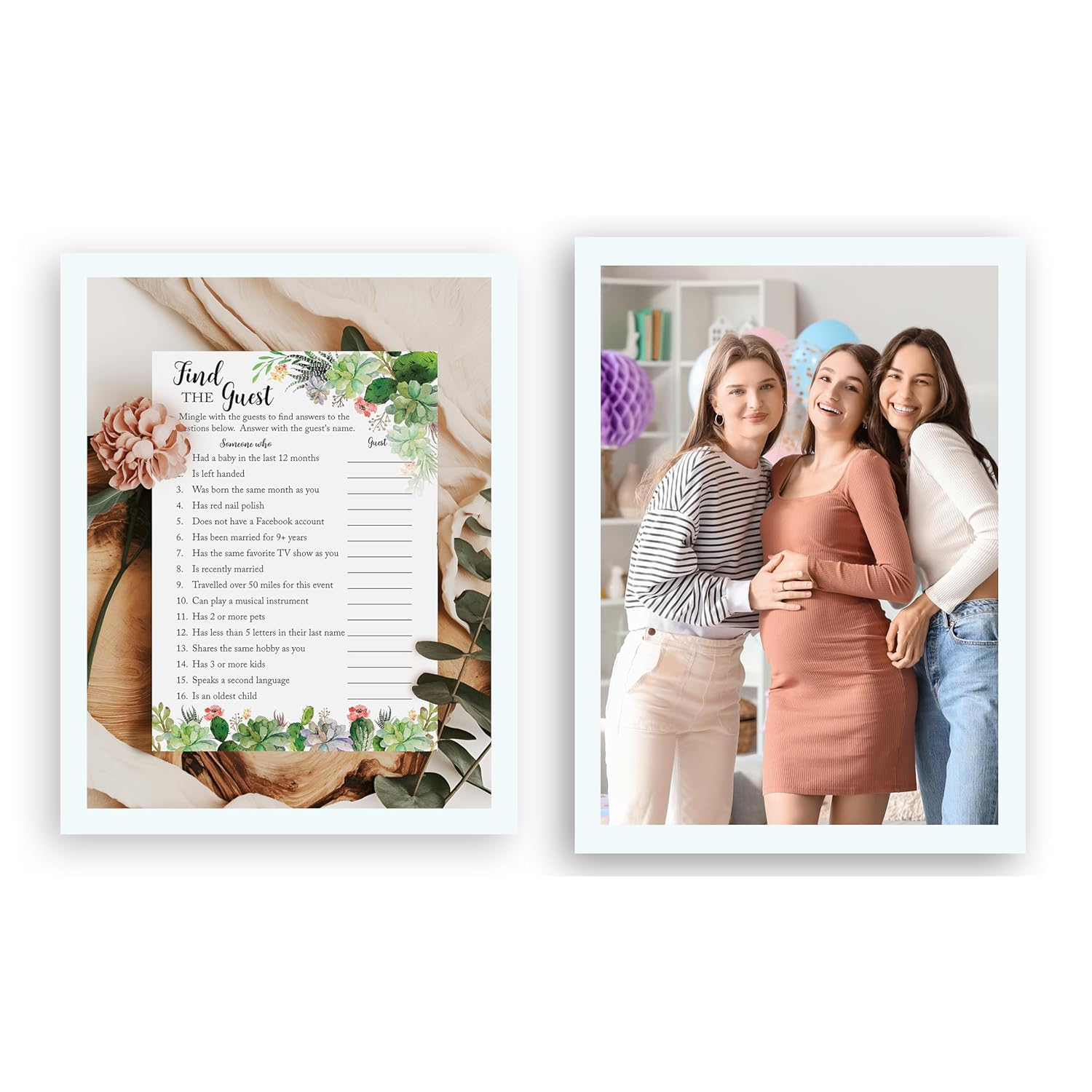 Succulents — Find The Guest Baby Shower Game — Pack Of 25 — Gender Neutral Succulent Greenery Icebreaker Party Games, Guess Who Came To The Party, Co-Ed Couples Shower Activity G300-Ftg