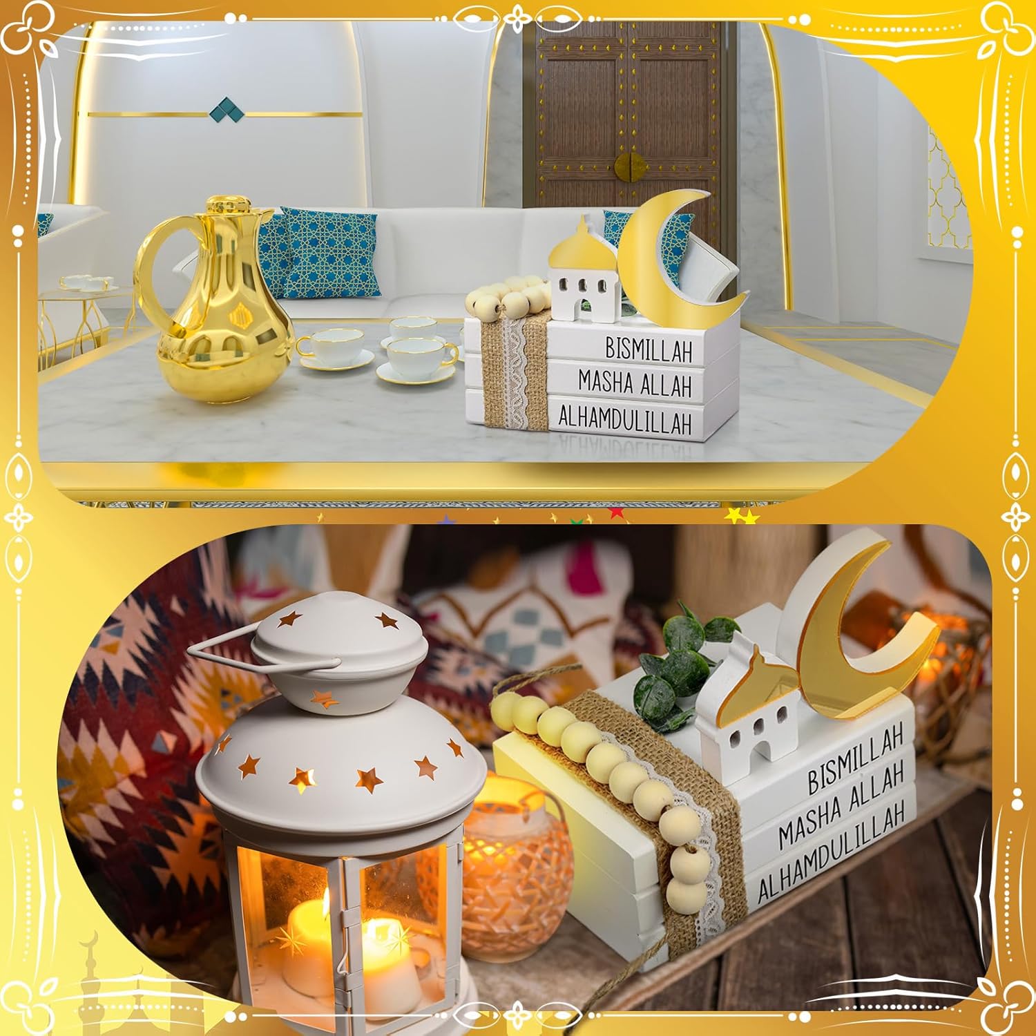 Islamic Wooden Tiered Tray Decor White Book Stack Golden Moon And Beads Start With Bismillah End With Alhamdulillah For Farmhouse Eid Muslim Ramadan Home Tabletop Art Decor(Bismillah)