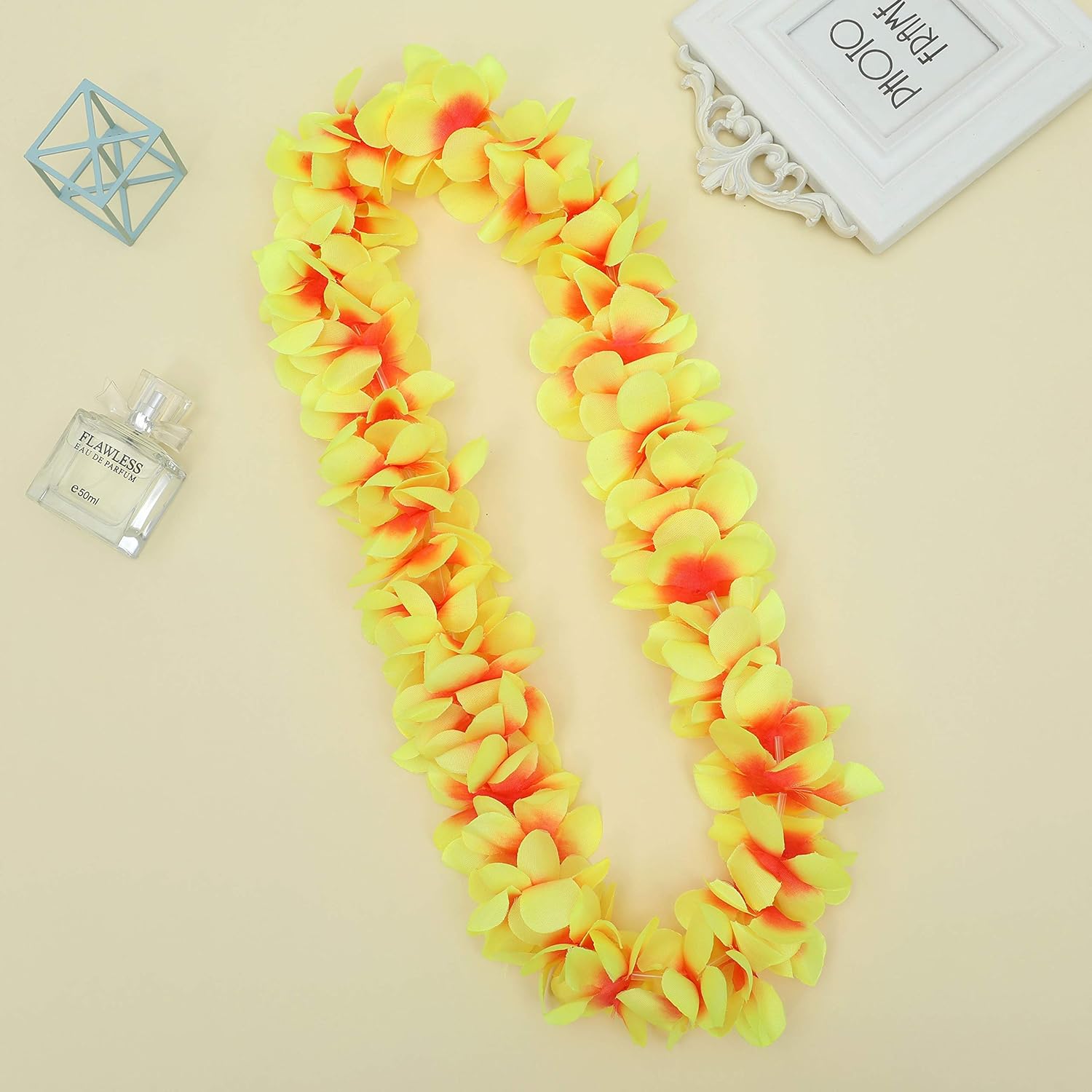 Lush Hawaiian Headpiece,Hawaiian Flower Leis Jumbo Necklace Bracelets Headband Set With Leaf For Hawaiian Luau Party Decoration Supplies (With Green Leaves) (Yellow Set)