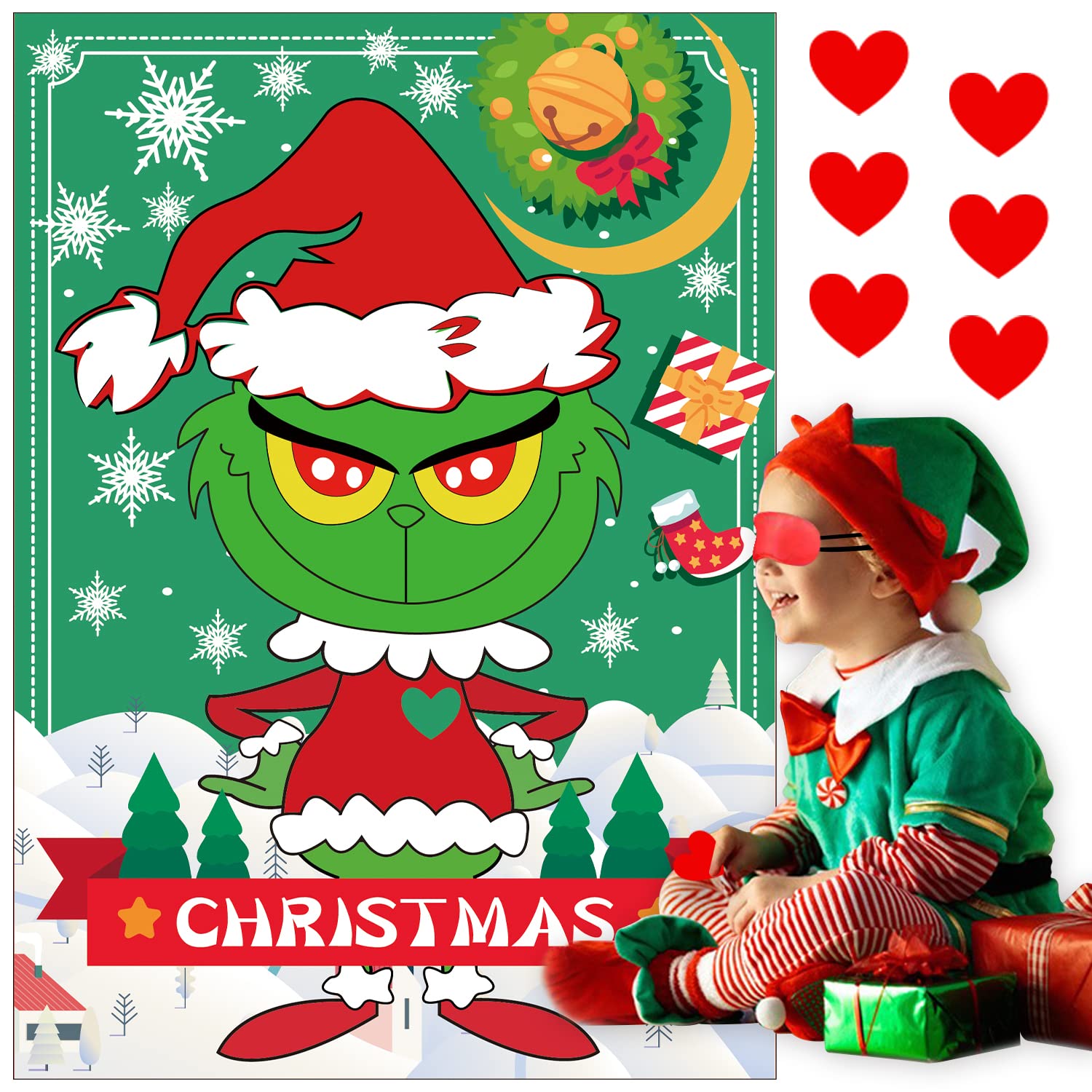 Christmas Games - Pin The Heart Christmas Crafts Games For Kids Families Party, Cute Wall Decor Party Supplies Favors, Indoor Xmas Decorations Home Decor, Xmas Kids Activities Presents