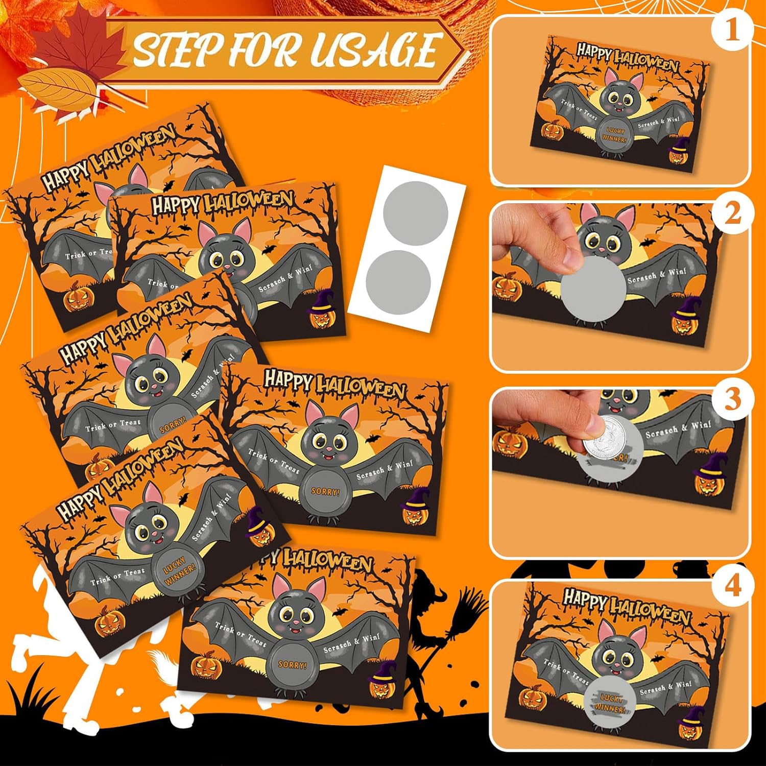 30 Pcs Halloween Scratch Off Cards - Funny Bat Trick Or Treat Game With Stickers