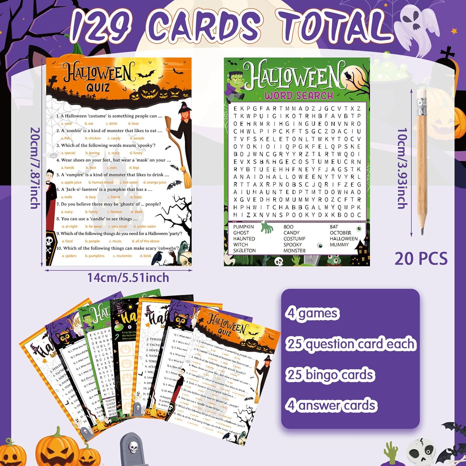 149 Pcs Halloween Party Games With Pencil 25 Players Halloween Word Search Scramble Trivia Quiz Game Bingo Card For Adults Groups Fall Family Activities Party Favors Supplies