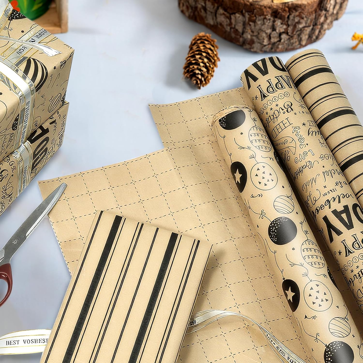 Birthday Wrapping Paper, 3 Rolls Kraft Wrapping Paper With Happy Birthday Font, Stripes, Balloons Pattern Assortment ?17 Inch X 120 Inch (10 Feet) Per Roll