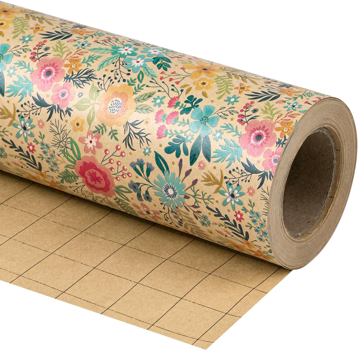 Kraft Floral Wrapping Paper Roll - Mini Roll - 17 Inch X 9.8 Feet - Spring Summer Garden Flower Design Perfect For Wedding, Bridal Shower, Birthday