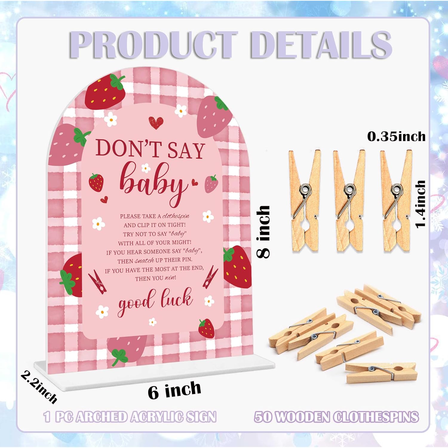 Baby Shower Games - Strawberry Don'T Say Baby Clothespin Game, 1 Arch Acrylic Sign And 50 Mini Clothespins, Gender Reveal Game, Berry Baby Shower Decoration Supplies (Gxb04)
