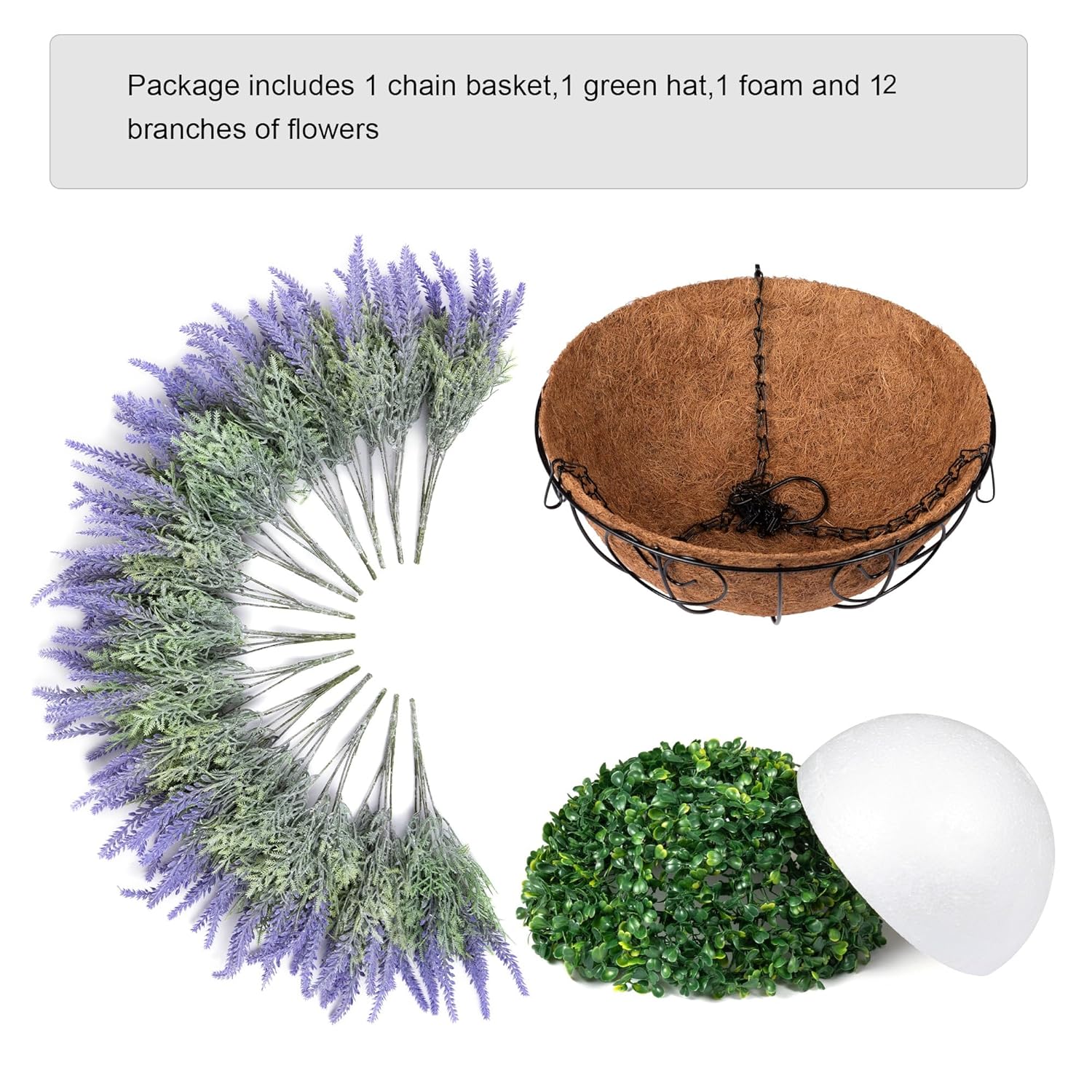 Artificial Faux Outdoor Hanging Flowers Plants Basket For Porch Spring Decoration, 12 Bundlies Fake Uv Resistant Lavender With Coconut Lining Baskets For Home Patio Balcony Yard