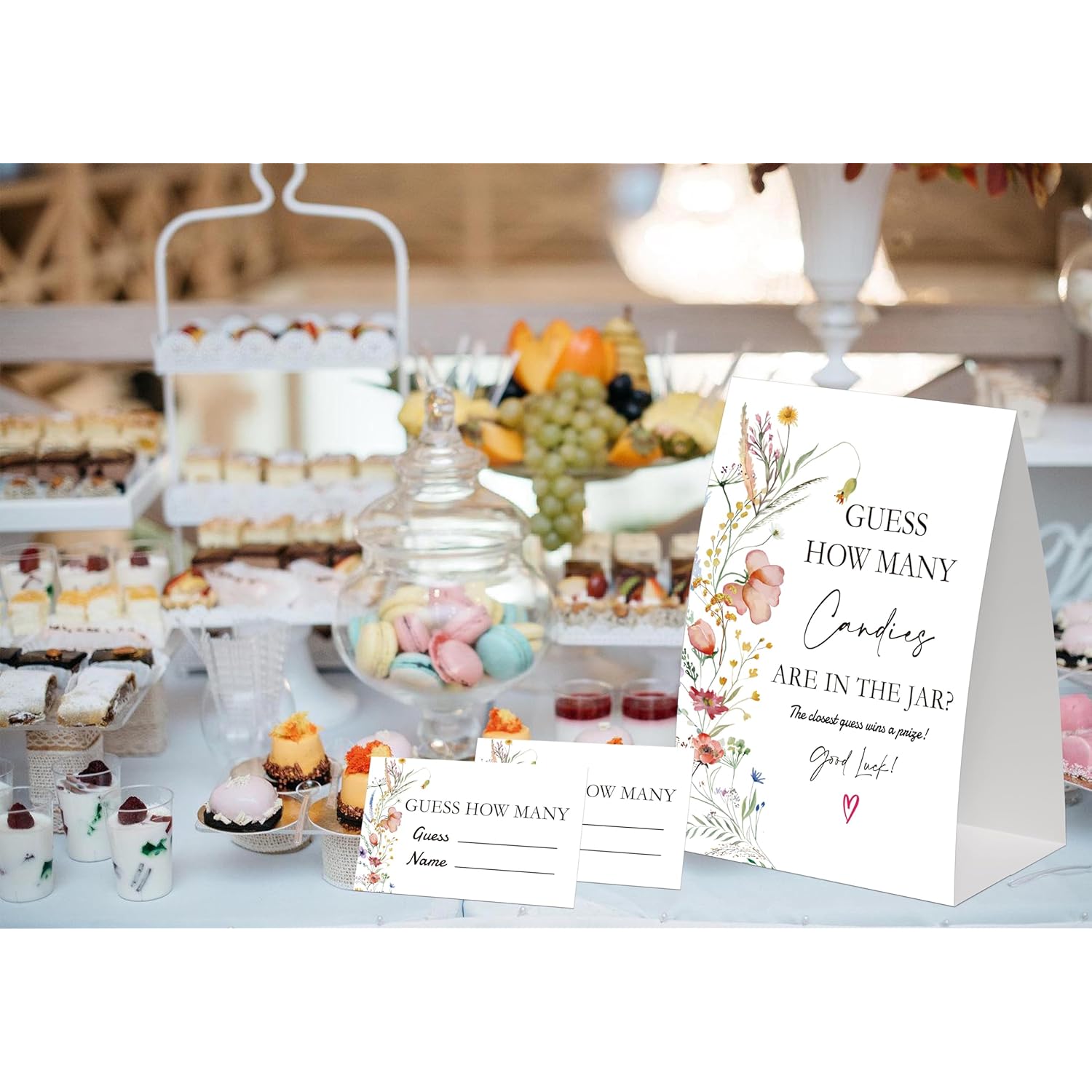 Boho Wildflower Guess How Many Candies Are In The Jar Game For Baby Shower, Pack Of One 5X7 Sign And 50 Guessing Cards, Boho Baby Shower Decoration, Gender Neutral Party Supplies - Gc02