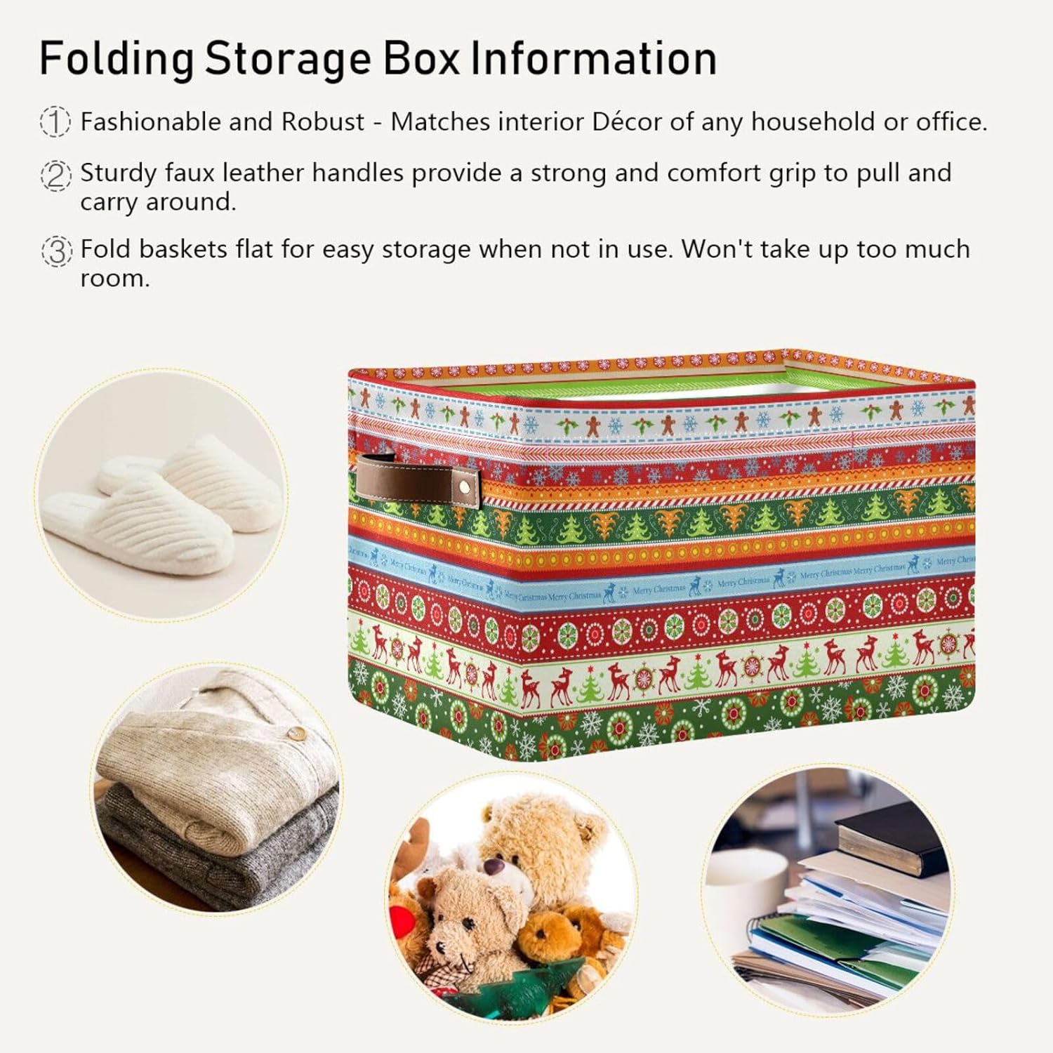 Christmas Storage Basket For Shelves Foldable Open Storage Bin Waterproof Pe Coating Closet Organizer With Handles For Home Office Nursery Kids Shelves Desks