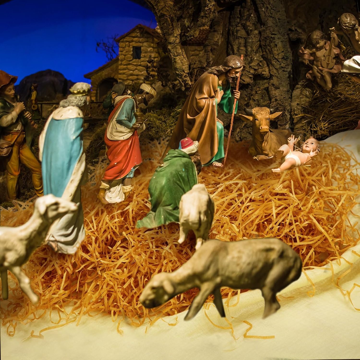 2 Pcs Christmas Nativity Table Runner With Nativity Raffia Grass 70.87 X 37.4 Inch Nativity Scene Decoration Rustic Nativity Tablecloth For Christmas Party Kitchen Farmhouse Home Table