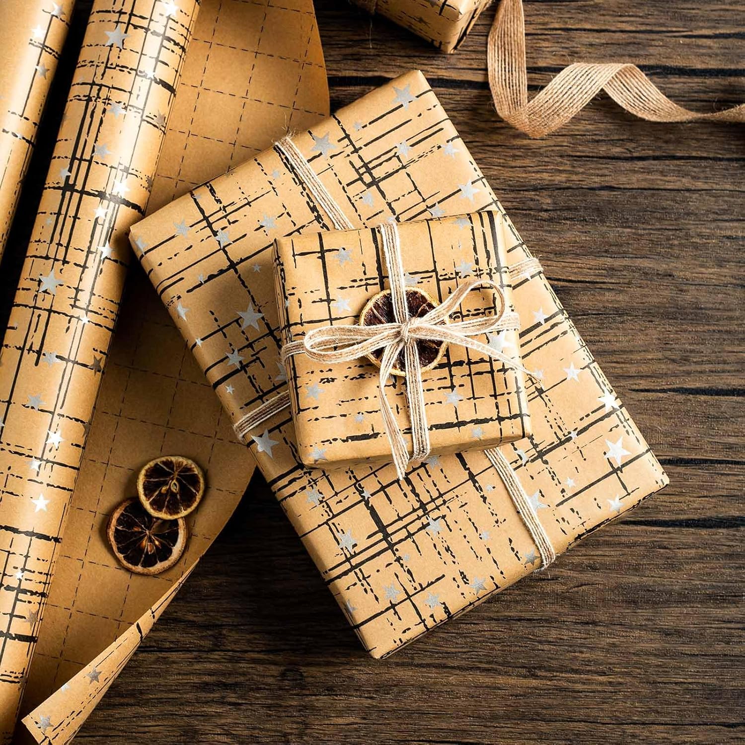 Kraft Gift Wrap Roll -17 Inch X 32.8 Feet -Metallic Silver Stars With Unique Irregular Plaid Gift Wrap Paper Design For Christmas, Holiday, Party, Celebration