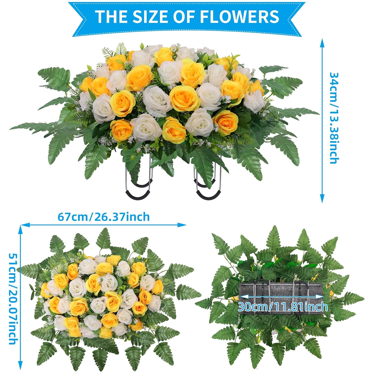 Cemetery Headstone Flower Saddle,Artificial Cemetery Flower Saddles For Graves,Artificial Rose Cemetery Memorial Flowers For Outdoor Tombstone Headstone Decorations (Yellow)