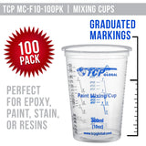 TCP Global 10 oz. (300ml) Graduated Plastic Mixing Cups - Box of 100 with 50 Mixing Sticks - Disposable Plastic Measuring Cups for Liquids, Paints, Resin, Epoxy, Art, Kitchen - Ratios 2-1, 3-1, 4-1 ML