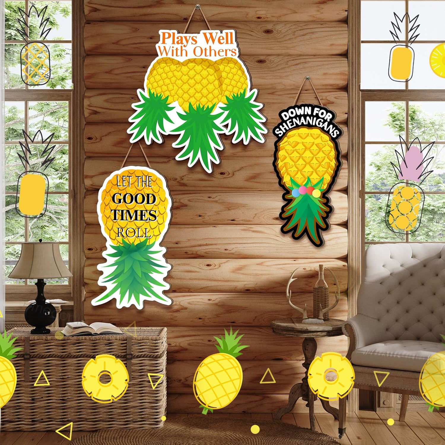 3 Pcs 12 Inch Summer Pineapple Door Sign Cruise Door Decoration Wooden Tropical Pineapple Hanging Signs Funny Wall Decor For Farmhouse Porch Home Summer Party Supplies