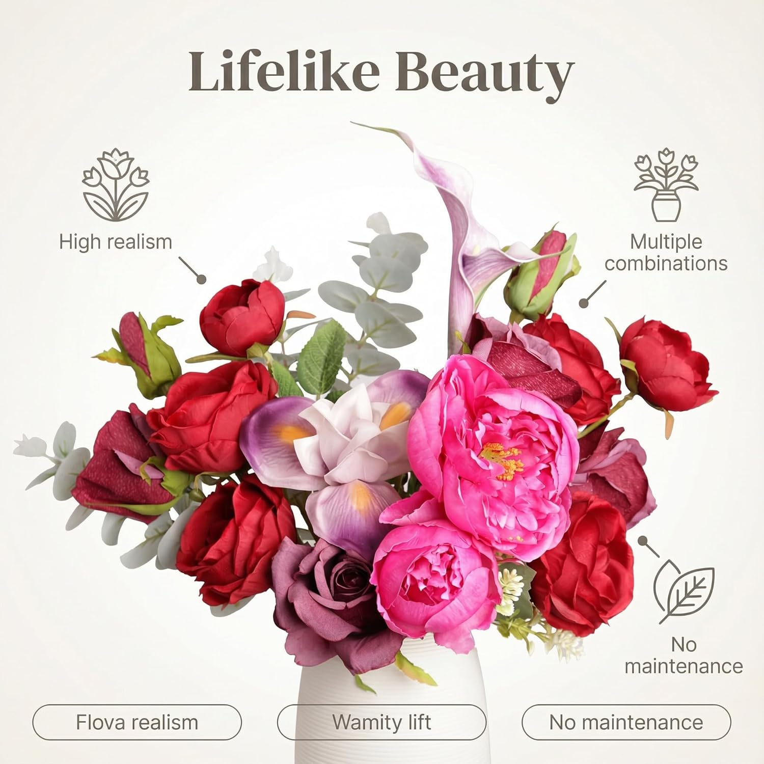 Artificial Flower Arrangement, Silk Peony & Rose Real Touch Bouquet, Lifelike Faux Floral Assortment Centerpiece For Home Wedding Party Decor (Red & Pink Mixed)