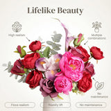 Artificial Flower Arrangement, Silk Peony & Rose Real Touch Bouquet, Lifelike Faux Floral Assortment Centerpiece For Home Wedding Party Decor (Red & Pink Mixed)