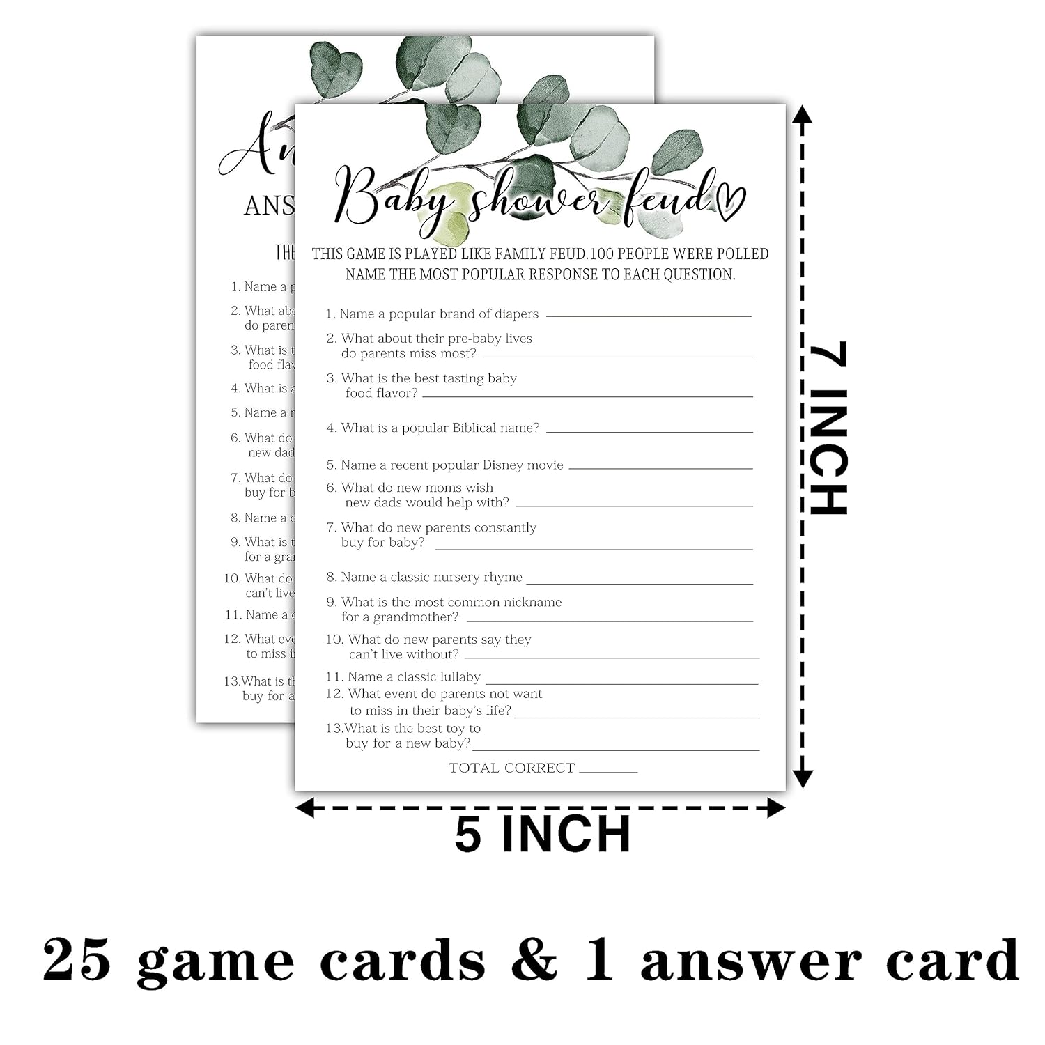 Greenery Baby Shower Feud Baby Shower Games, 25 Eucalyptus Gender Neutral Cards With 1 Answer Card, Gender Reveal Party Game Set For Women, Men-A07