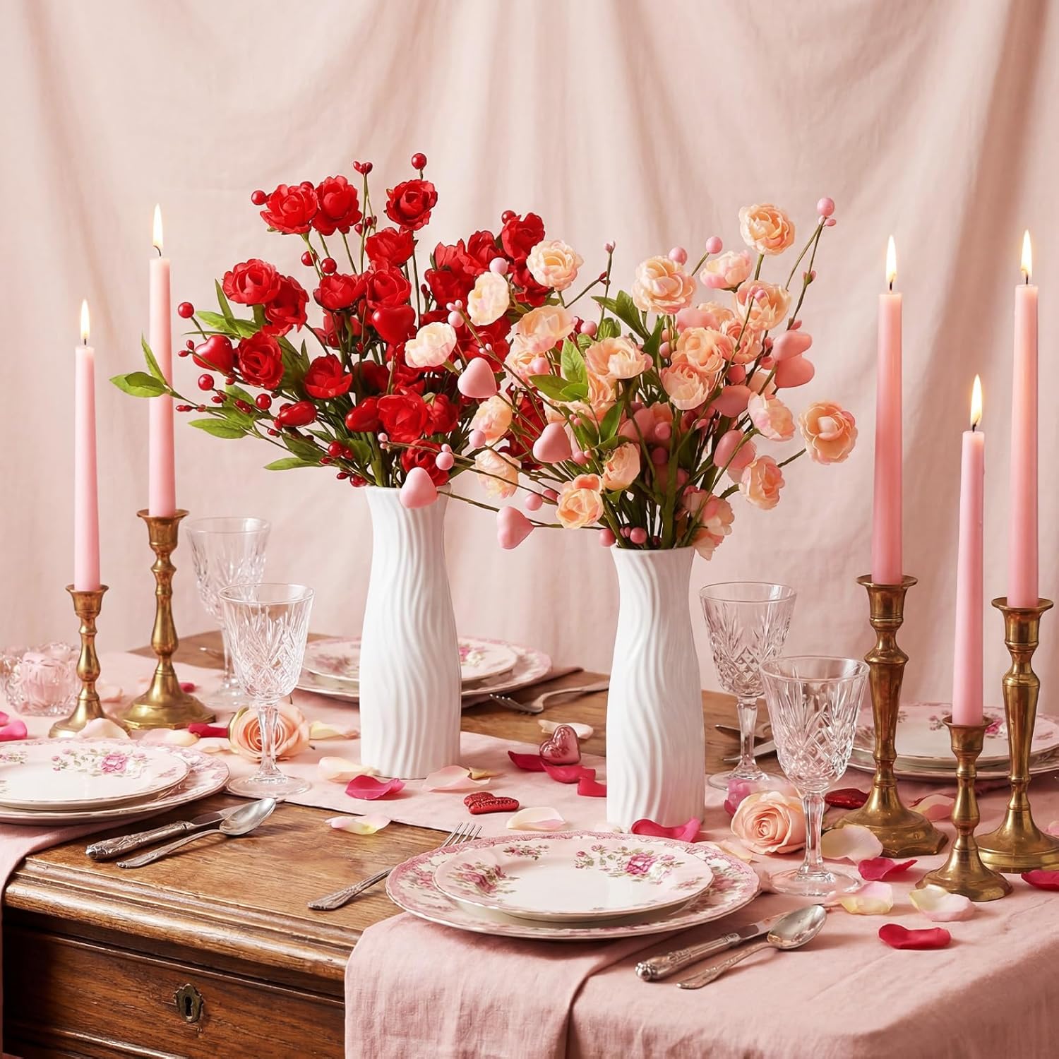12 Pcs Valentines Day Decoration Rose Floral Picks 16 Inch Red Pink Heart Artificial Flower Berry Stems Flower Branches For Valentine'S Day Wedding Anniversary Vase Table Centerpieces Decor