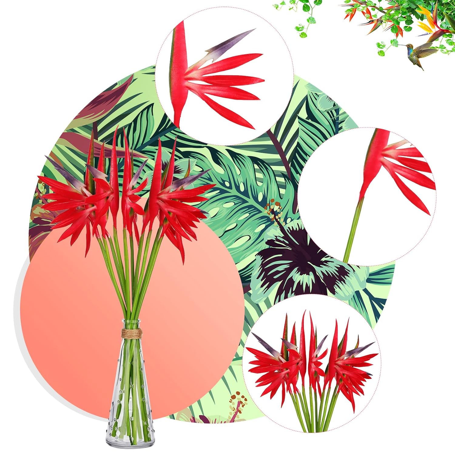 10 Pieces Bird Of Paradise Artificial Plant 22 Inch Hawaiian Tropical Flowers Faux Flowers Bouquet Large Elegant Green Plant For Home Garden Decoration Office Wedding Decor Supplies (Red)