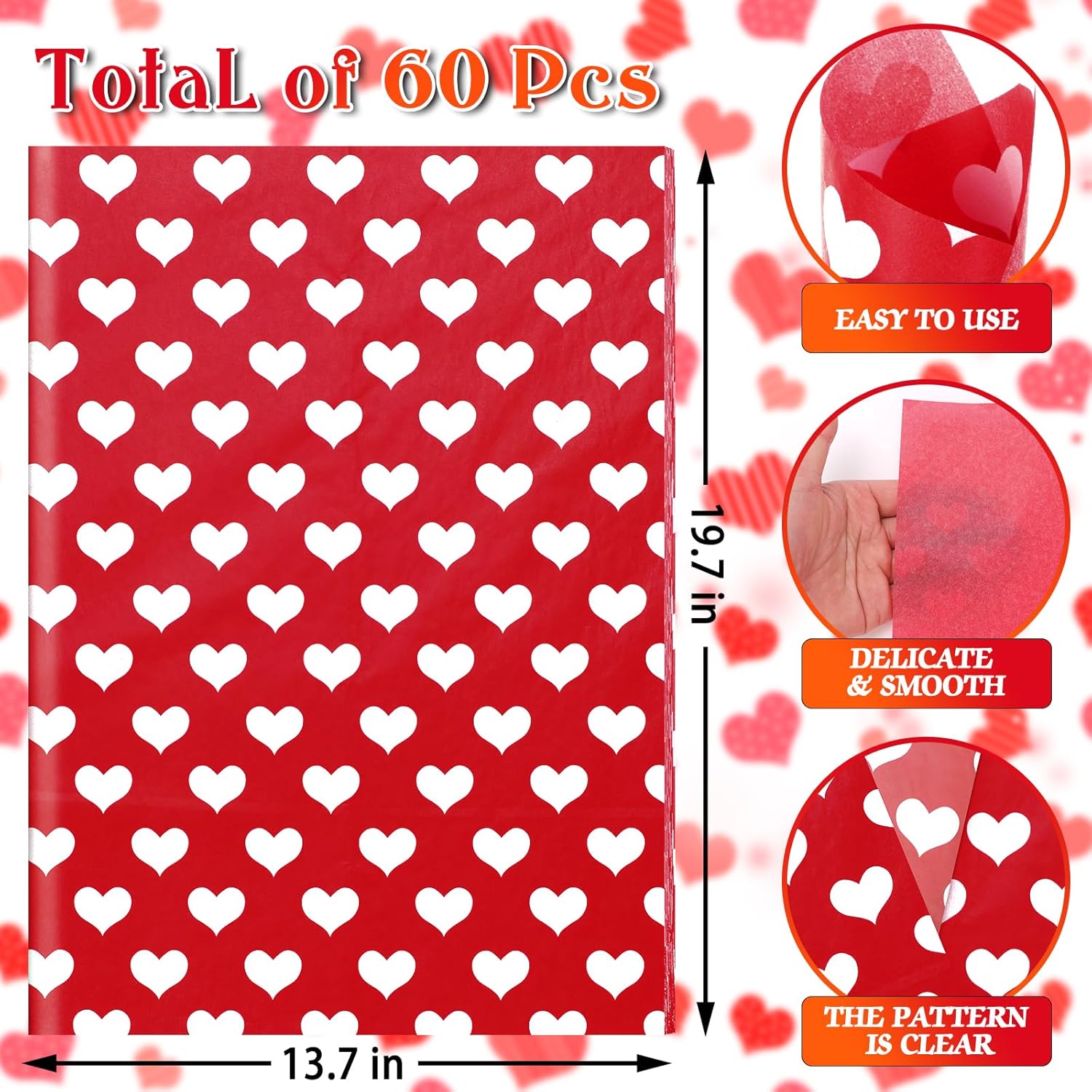 60 Sheets Love Heart Tissue Paper, 20X14 Inches Valentine'S Day Red White Heart Printed Wrapping Tissue Love Decorative Art Tissue For Wedding Anniversary Party Decor (Red)