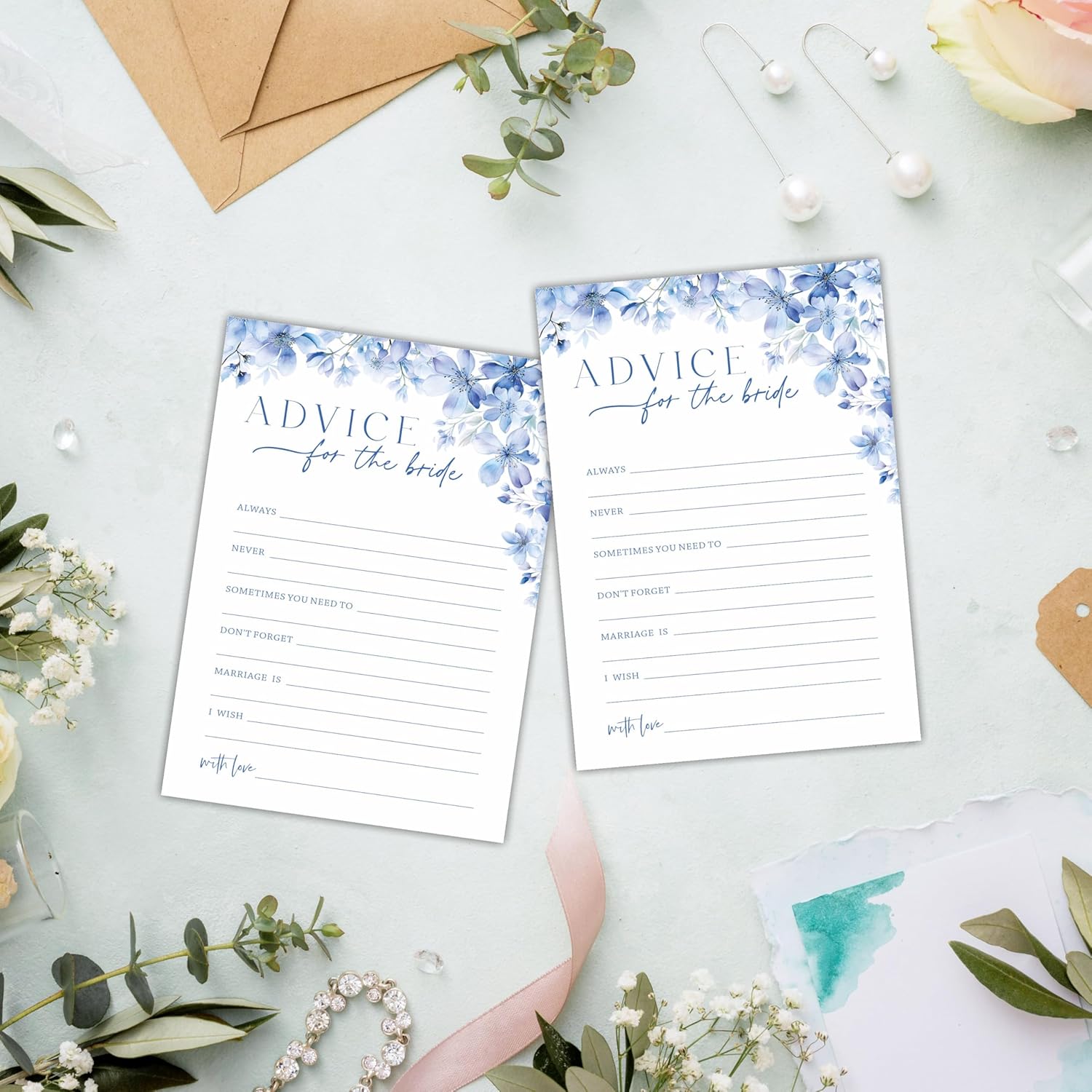 Advice For The Bride Bridal Shower Game - Blue Floral - 30 Pcs Double-Sided Fill-In Wedding Game Cards For Newlyweds, Engagement Party Activities & Decorations -A07