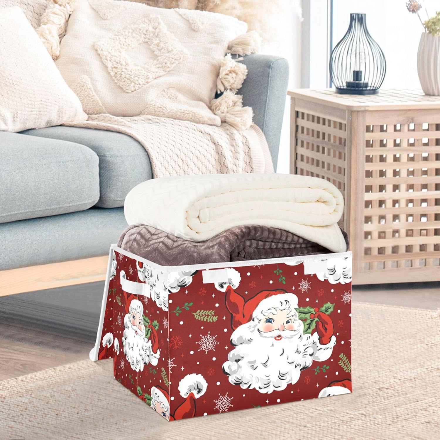 Christmas Santa Claus Storage Bins With Lids And Carrying Handle,Foldable Storage Boxes Organizer Containers Baskets Cube With Cover For Home Bedroom Closet Office