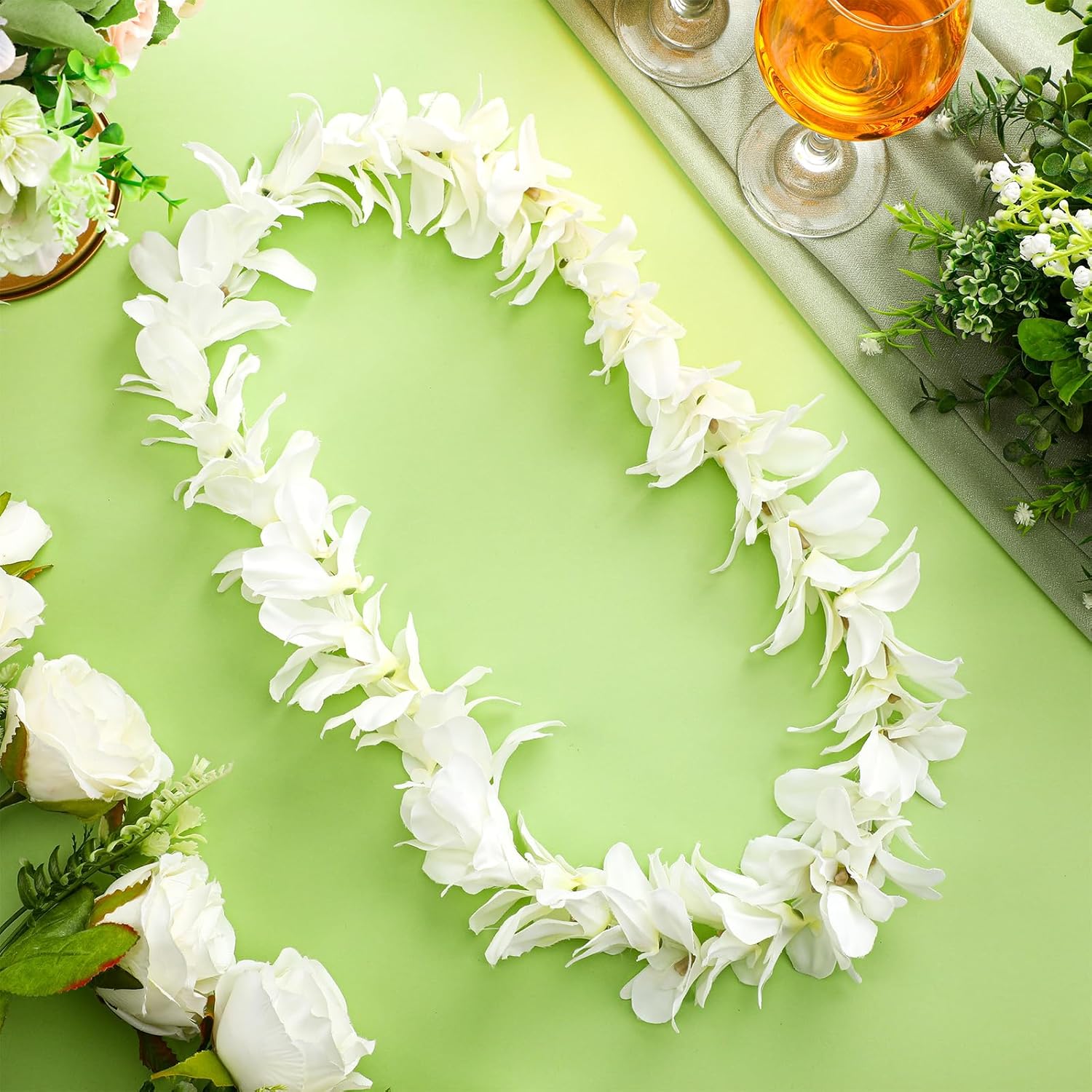 White Orchid Lei Hawaiian Luau Lei Graduation Lei Artificial Orchid Flower Garland Necklace Luau Apparel Accessories For Wedding Graduation Hawaiian Party, 3.28Ft