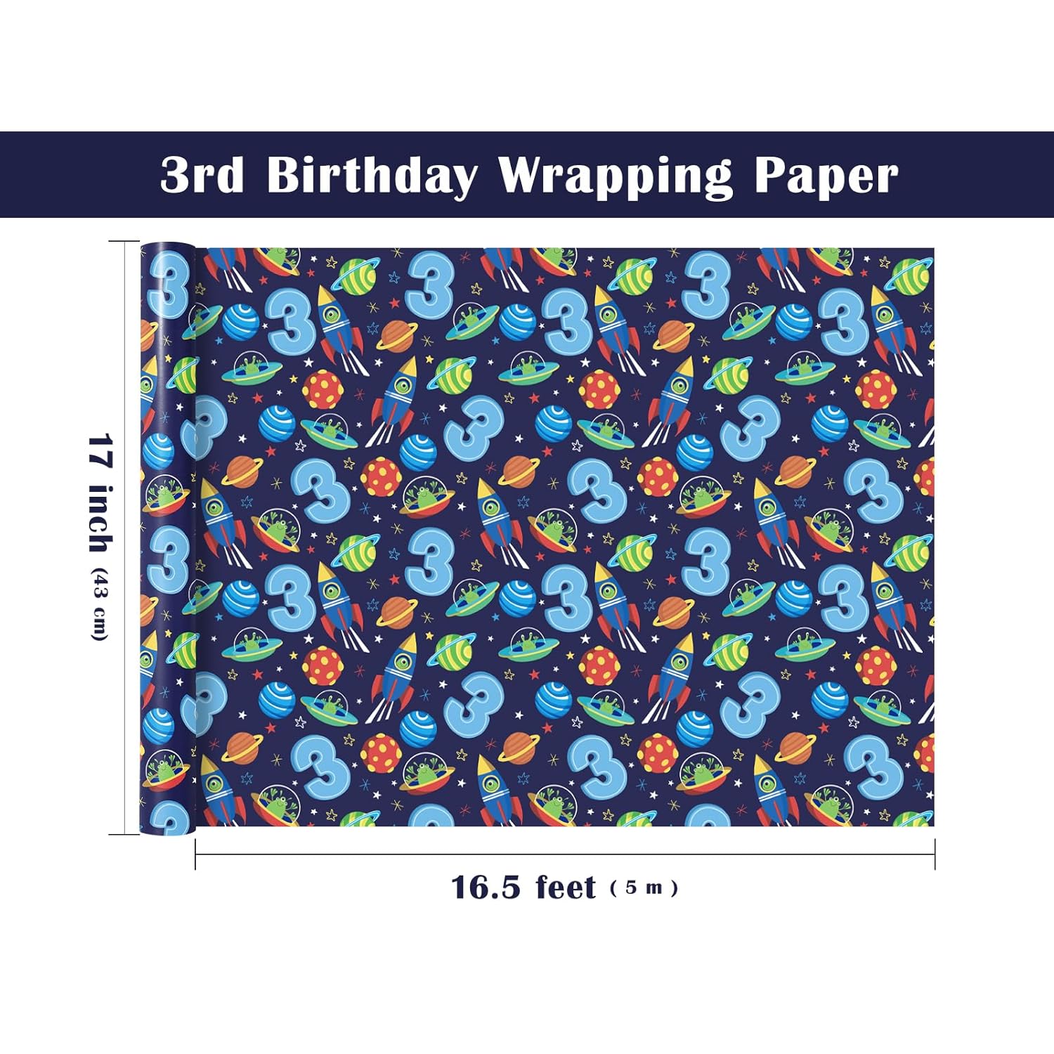 3Rd Birthday Wrapping Paper - Mini Roll - 17 Inch X 16.5 Feet - 3Rd Birthday And Rocket Space Wrapping Paper Perfect For Boys Kids Girls, Baby Shower