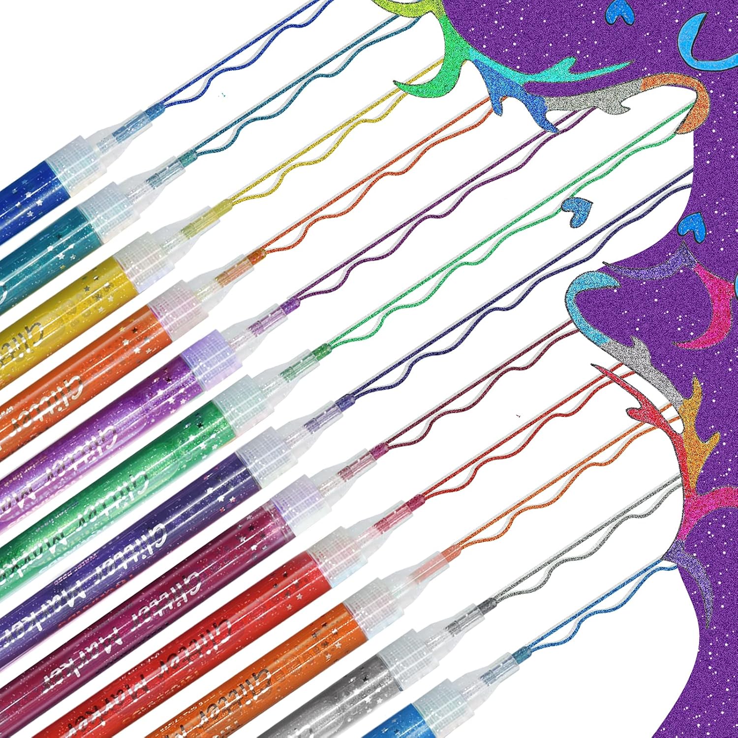 Glitter Markers, Metallic Sparkling Pens, Art Drawing Pens - Water Base, 12 Colors, Washable For Christmas Card Making, Medium Tip,70429