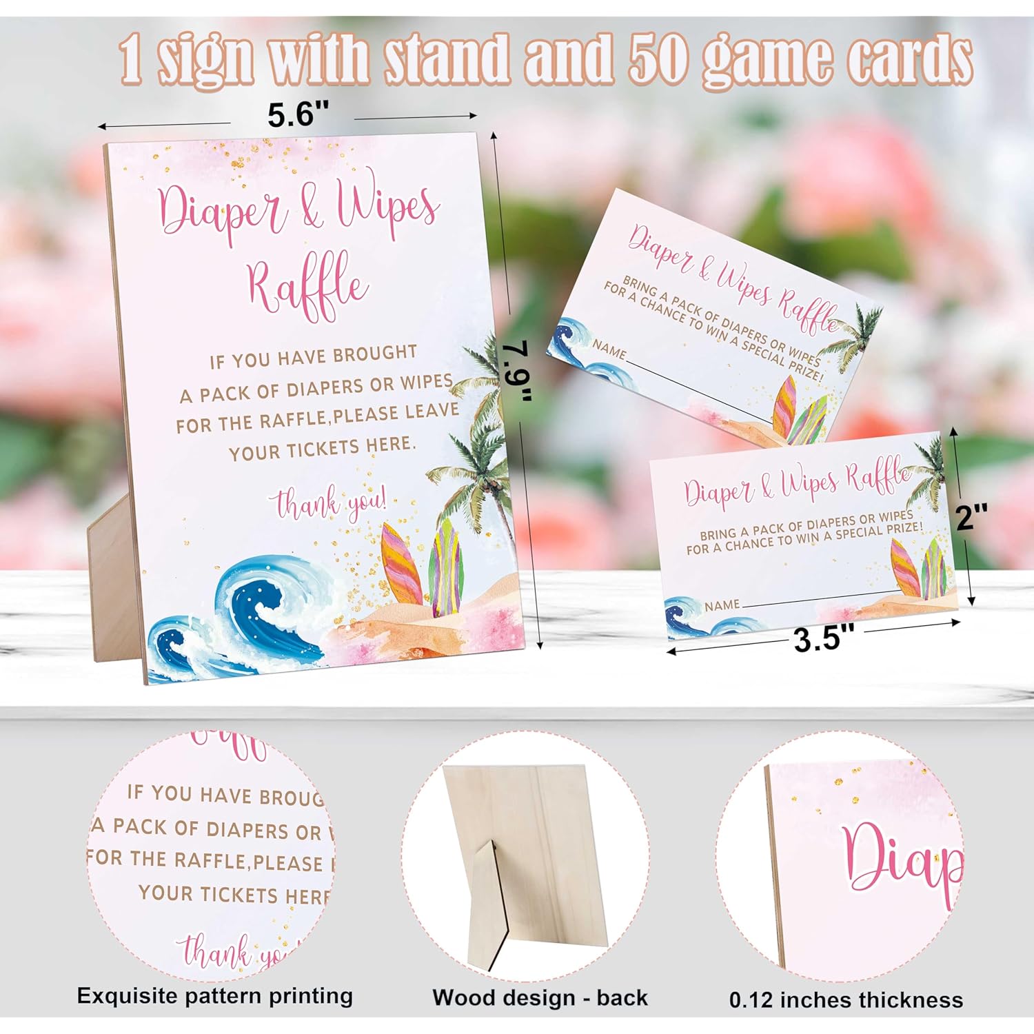 Baby Shower Sign, Pink Surf Beach Diaper And Wipes Raffle Sign For Baby Shower Diaper Game, Baby Shower Decorations, Gender Reveal Games For Baby Shower, 1 Wood Sign And 50 Diaper Raffle Cards,3