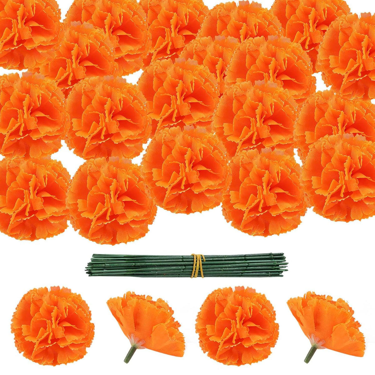 50 Pcs Marigold Flower Heads Bulk, Artificial Mexican Flowers Silk Fake Marigold Heads With Stems For Diwali Day, Day Of The Dead, Wreath Garland(Orange)