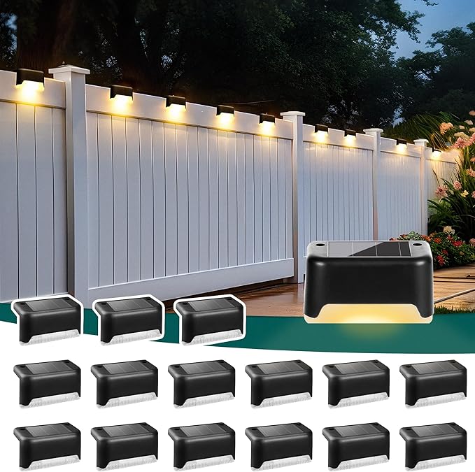 16 Pack Solar Deck Lights Outdoor Waterproof Warm White LED Step Fence Pathway Lights