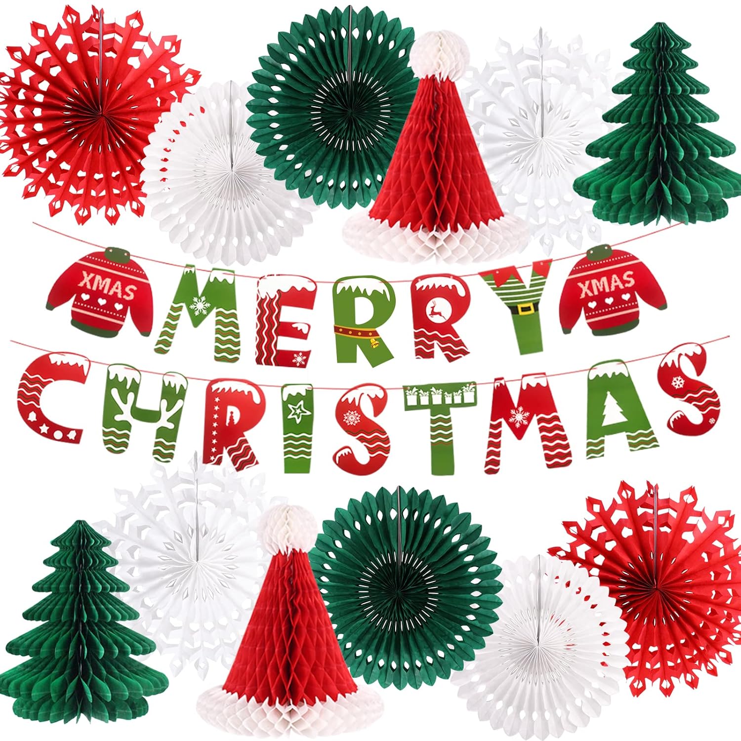 Christmas Party Decorations, Merry Christmas Banner Honeycomb Santa Hats Trees Hanging Snowflakes Paper Fans For Xmas Party Eve Holiday Home Decor