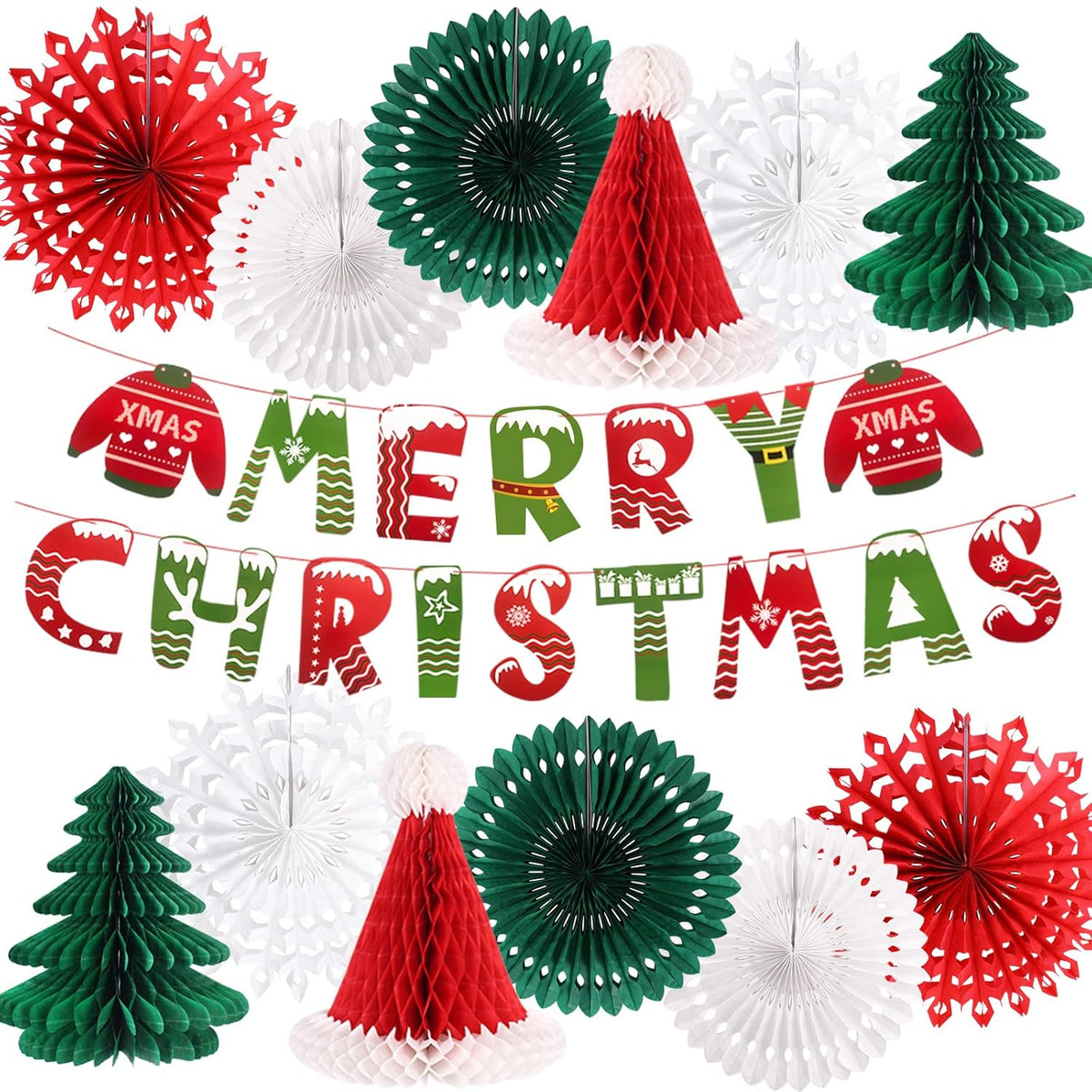 Christmas Party Decorations, Merry Christmas Banner Honeycomb Santa Hats Trees Hanging Snowflakes Paper Fans For Xmas Party Eve Holiday Home Decor