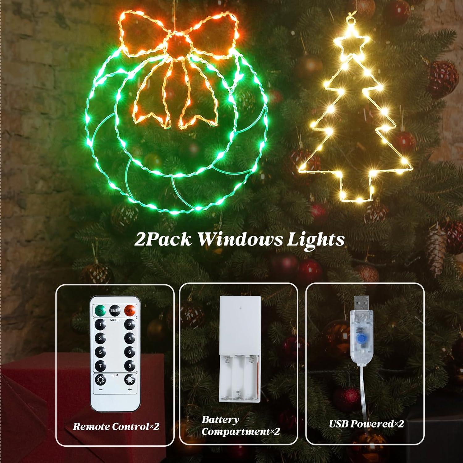 Christmas Trees And Wreath With Timer, 8 Modes Indoor Usb String Lights, 120 Led Lights Battery Operated, Christmas Wind