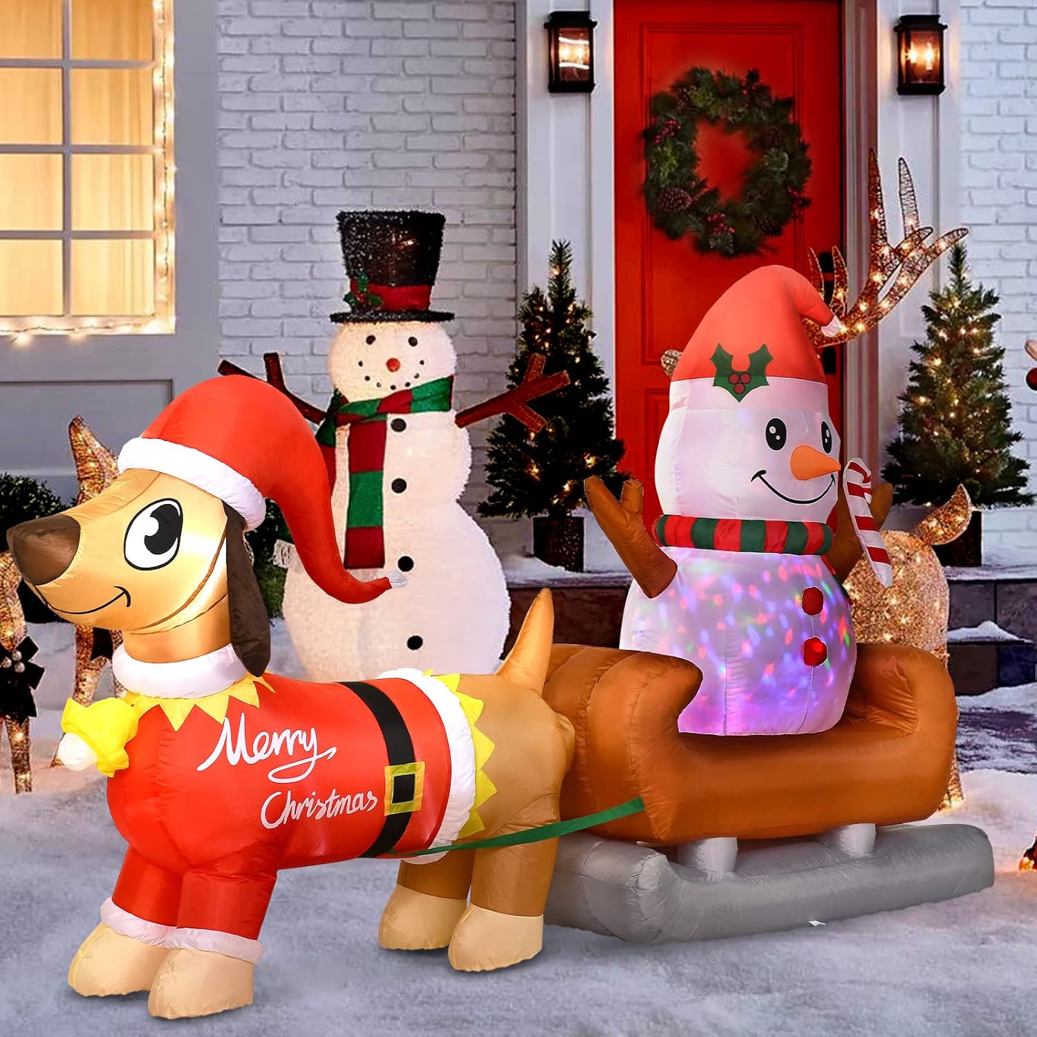8 Ft Outdoor Inflatable Snowman Christmas Decoration With Rotating Led Lights, Dog Inflatable Xmas Yard Decor