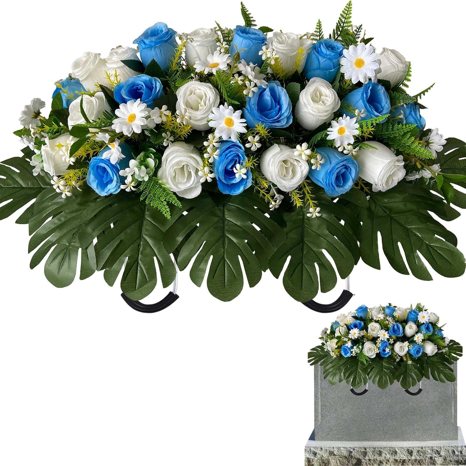 Artificial Cemetery Flowers - Mixed Artificial Roses And Daisies Saddle Flowers For Headstone