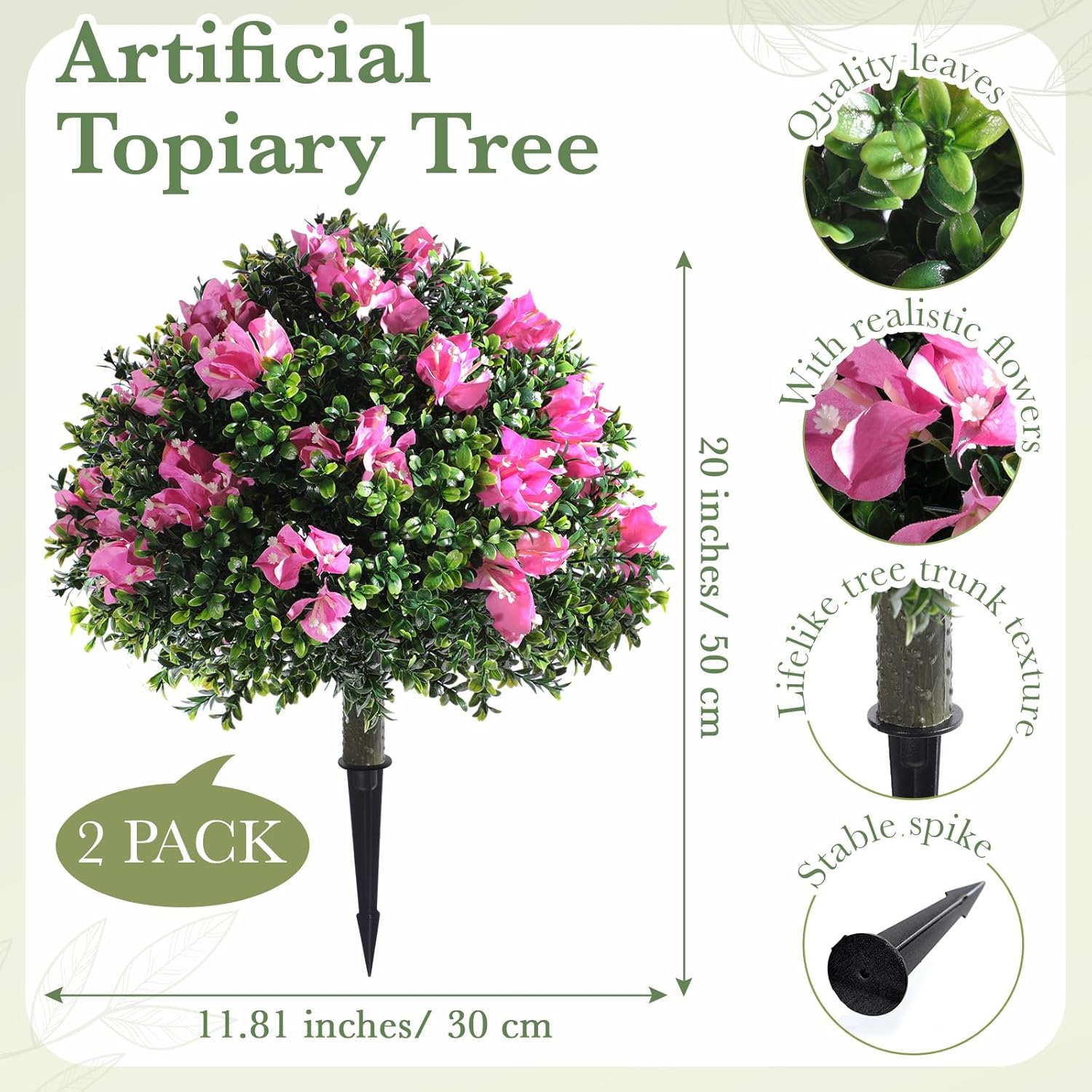 Set Of 2 Artificial Bougainvillea Flowers Boxwood Topiary Ball Tree 18 Inch Faux Bush Outdoor Plants With Ground Spike, Uv Resistant Fake Shrubs For Garden, Yard, Porch, Patio Decor(Pink)