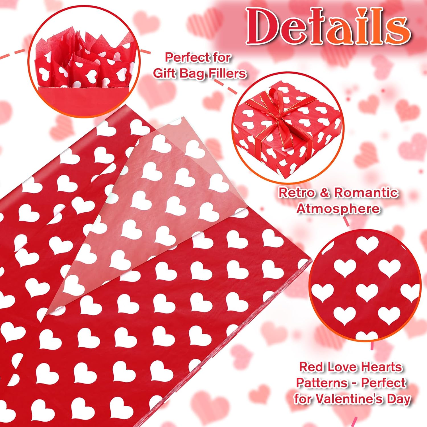 60 Sheets Love Heart Tissue Paper, 20X14 Inches Valentine'S Day Red White Heart Printed Wrapping Tissue Love Decorative Art Tissue For Wedding Anniversary Party Decor (Red)