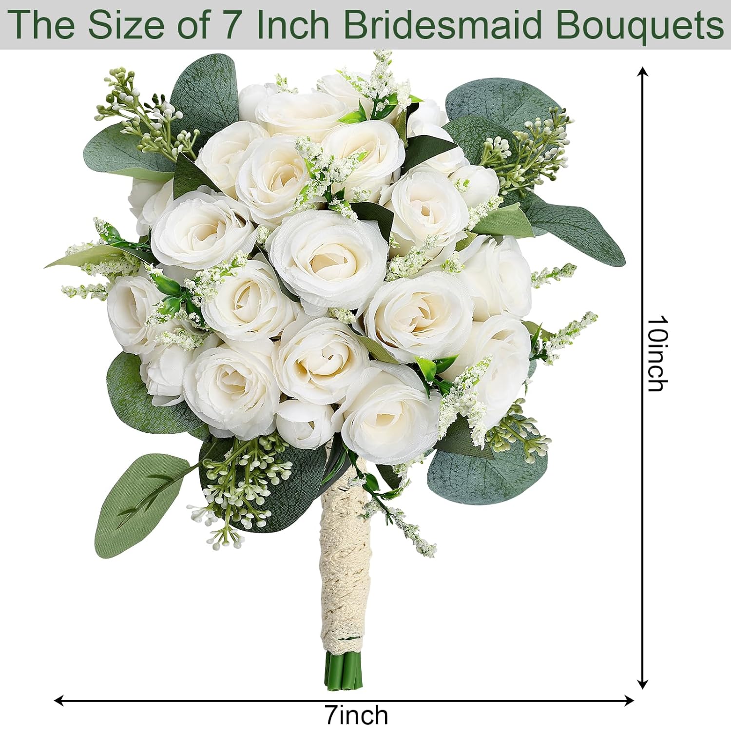 Bridesmaids Bouquets For Wedding - Set Of 6 Realistic Artificial Rose Eucalyptus Silk Bride Flowers For Bridal Shower Ceremony Decorations - Ivory White