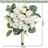 Bridesmaids Bouquets For Wedding - Set Of 6 Realistic Artificial Rose Eucalyptus Silk Bride Flowers For Bridal Shower Ceremony Decorations - Ivory White