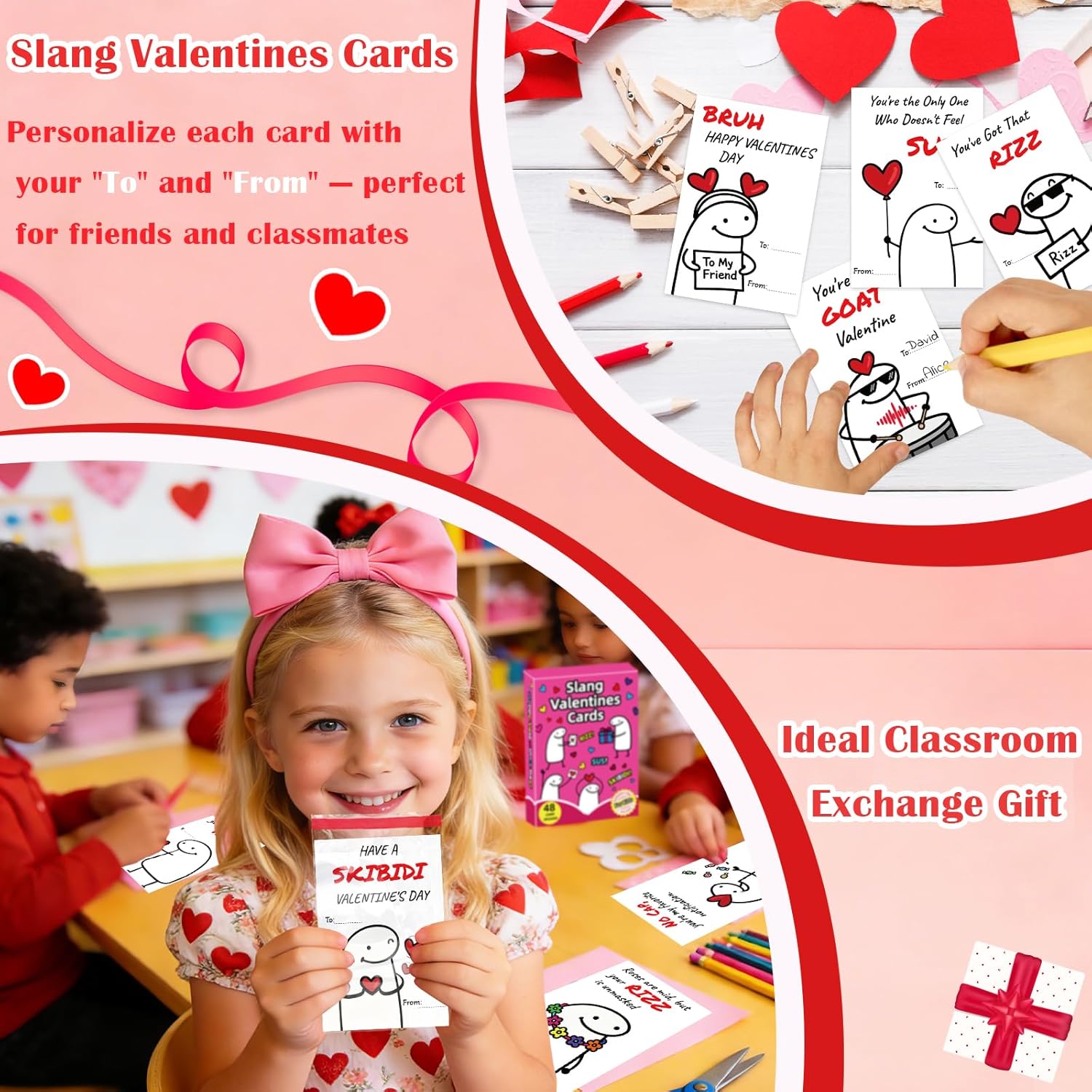 Slang Valentines Day Cards For Kids, 48 Pack Valentine Cards For Kids Classroom School, Funny Slang Greeting Cards For Boys Girls Classroom Prizes Exchange Gifts