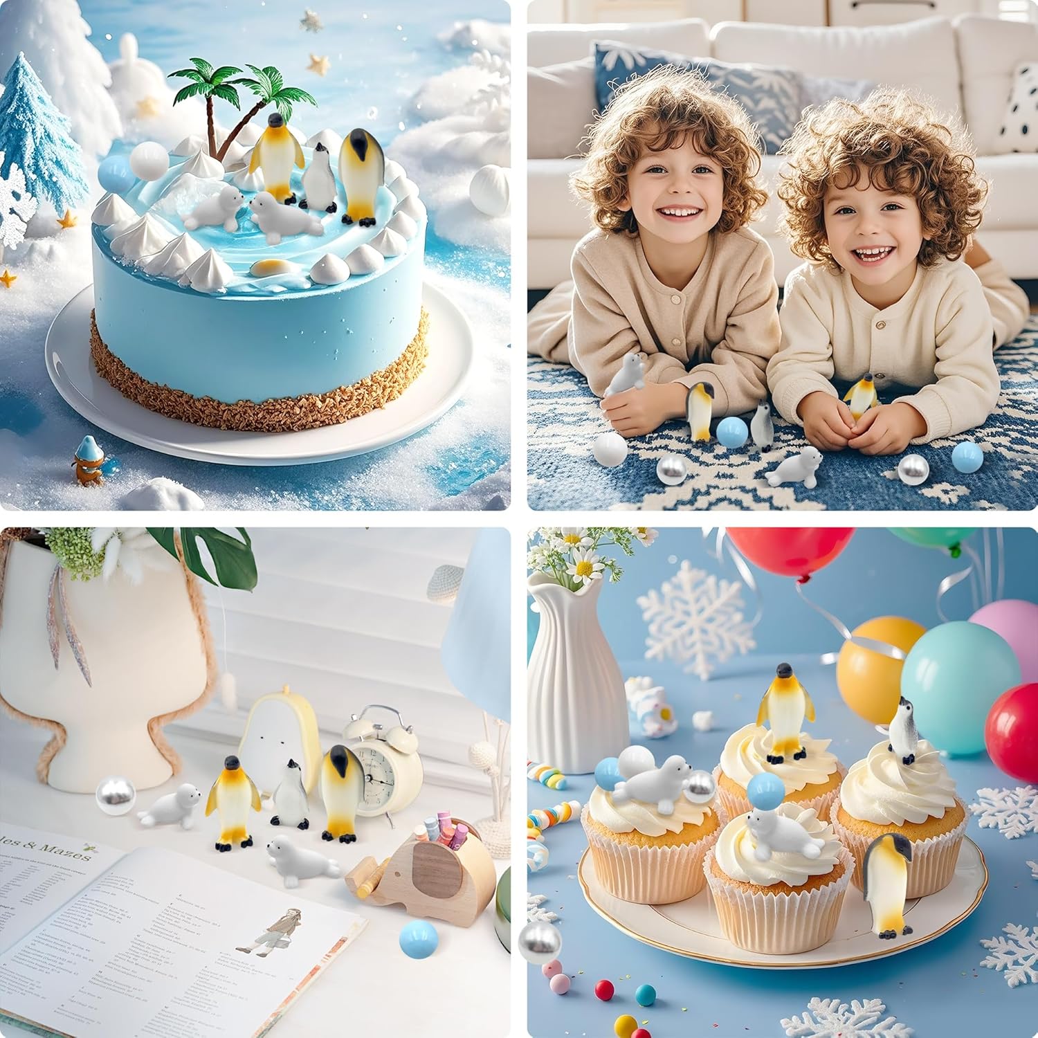 Penguin Cake Decorations Seal Cake Topper Arctic Cupcake Topper Polar Animal Figurines Mini Penguin Themed Cake Toppers Blue White Silver Ball Toppers For Birthday Winter Christmas Party