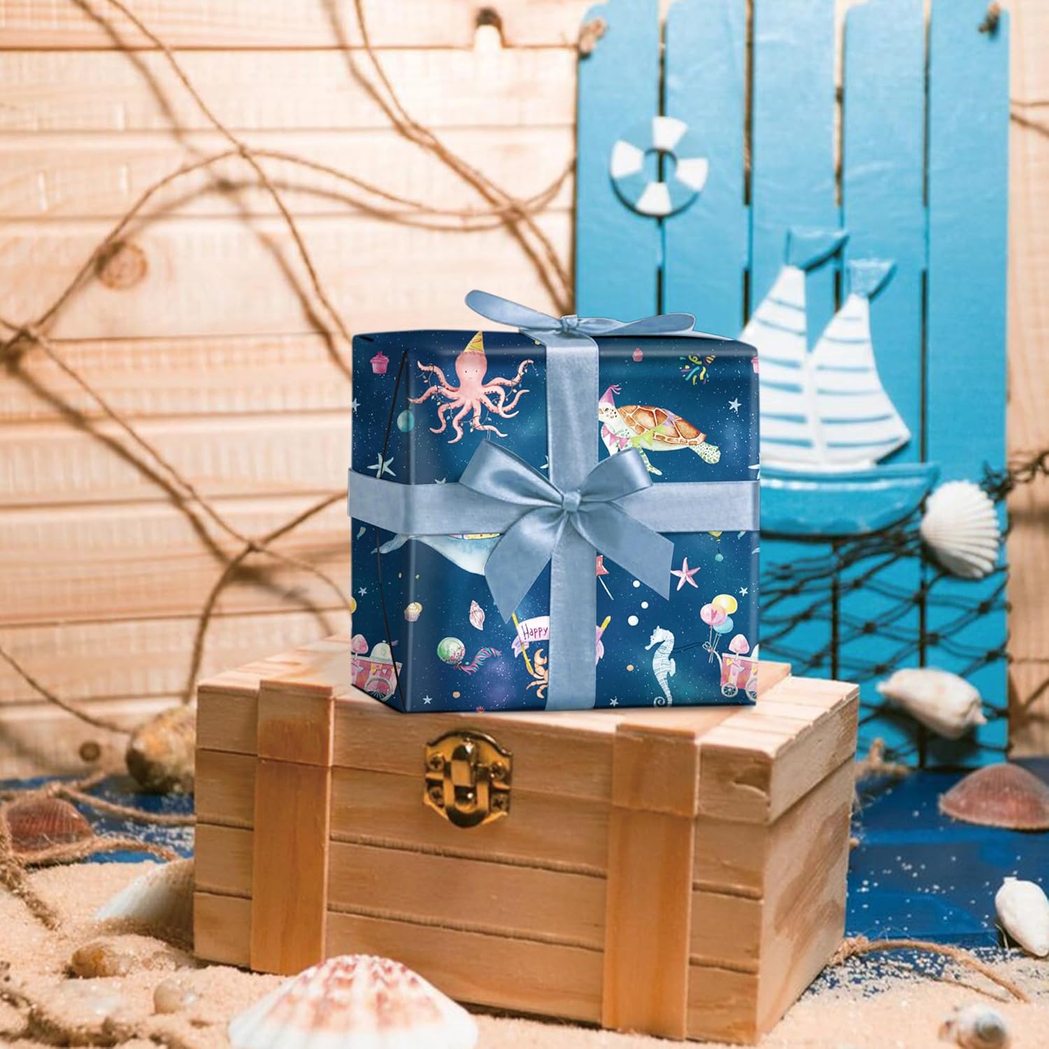 Ocean Birthday Wrapping Paper For Boys Girls Kids - Navy Blue Gift Wrap With Whales, Octopus, Seahorse And Happy Birthday On Galaxy Design For B-Day Baby Shower - 40×28 Inches, 4 Sheets