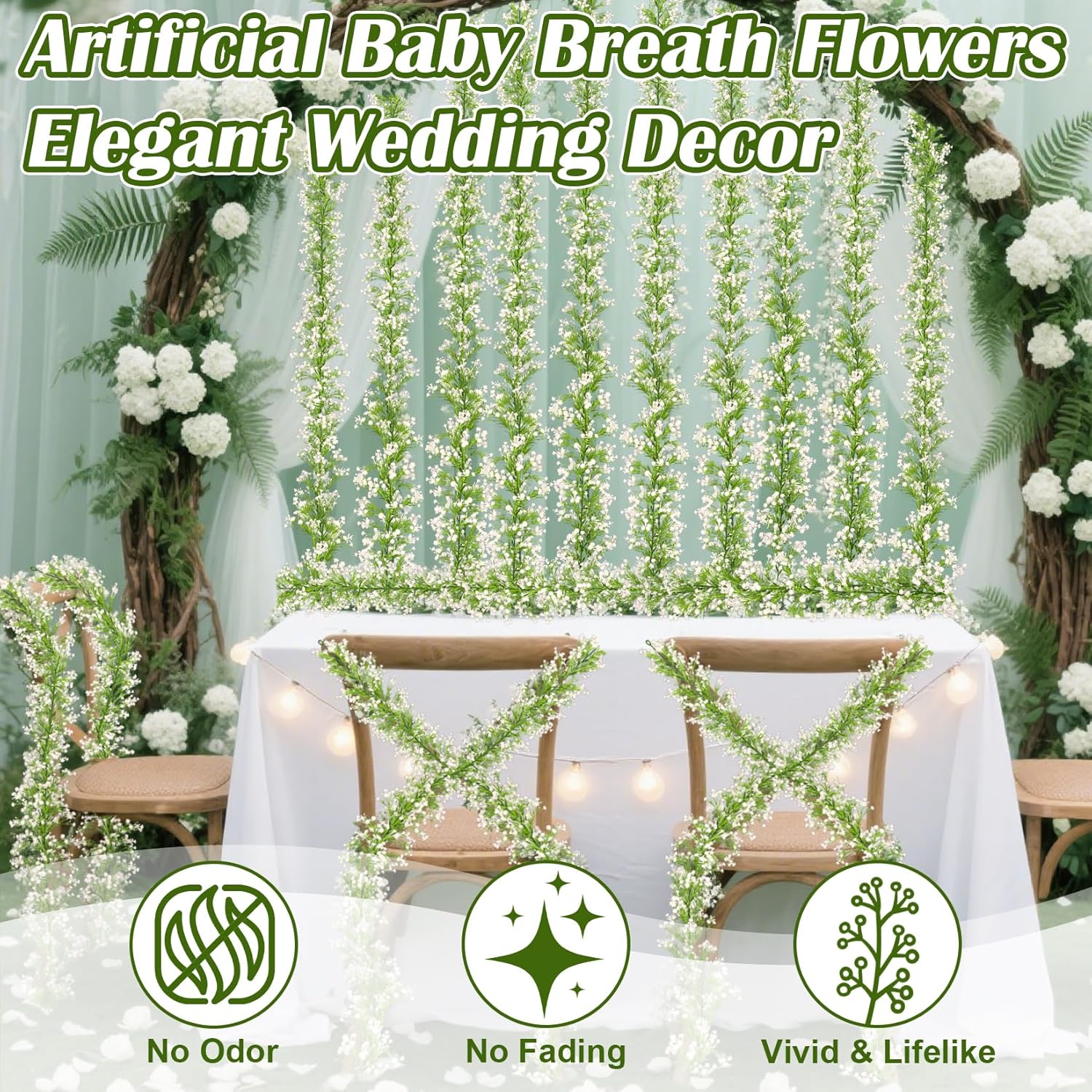 5.9Ft Babys Breath Artificial Flowers Garland - 1Pcs Lush Baby Breath Flowers Artificial Bulk Vines, White Flower Garlands For Wedding Arch Party Fireplace Backdrop Indoor Outdoor Decor