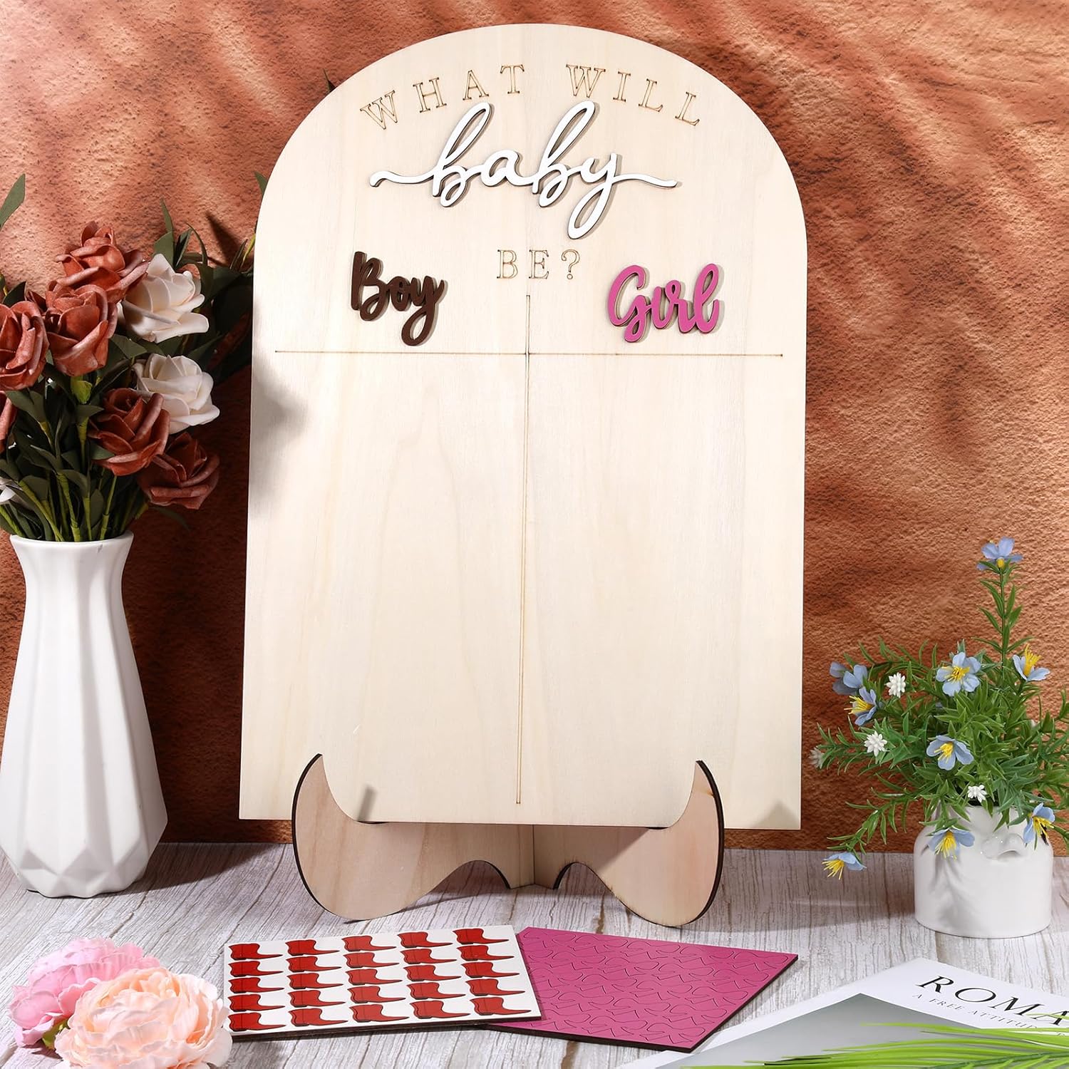 Gender Reveal Voting Board, Boy Or Girl Gender Reveal Decorations, Baby Shower Games - He Or She What Will Baby Be Guessing Game Wooden Board With Stand And Boots Or Bows Gender Reveal Decorations