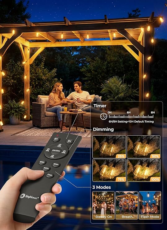 52FT Solar String Lights Waterproof Remote Timer USB & Solar Powered Dimmable Patio Lights