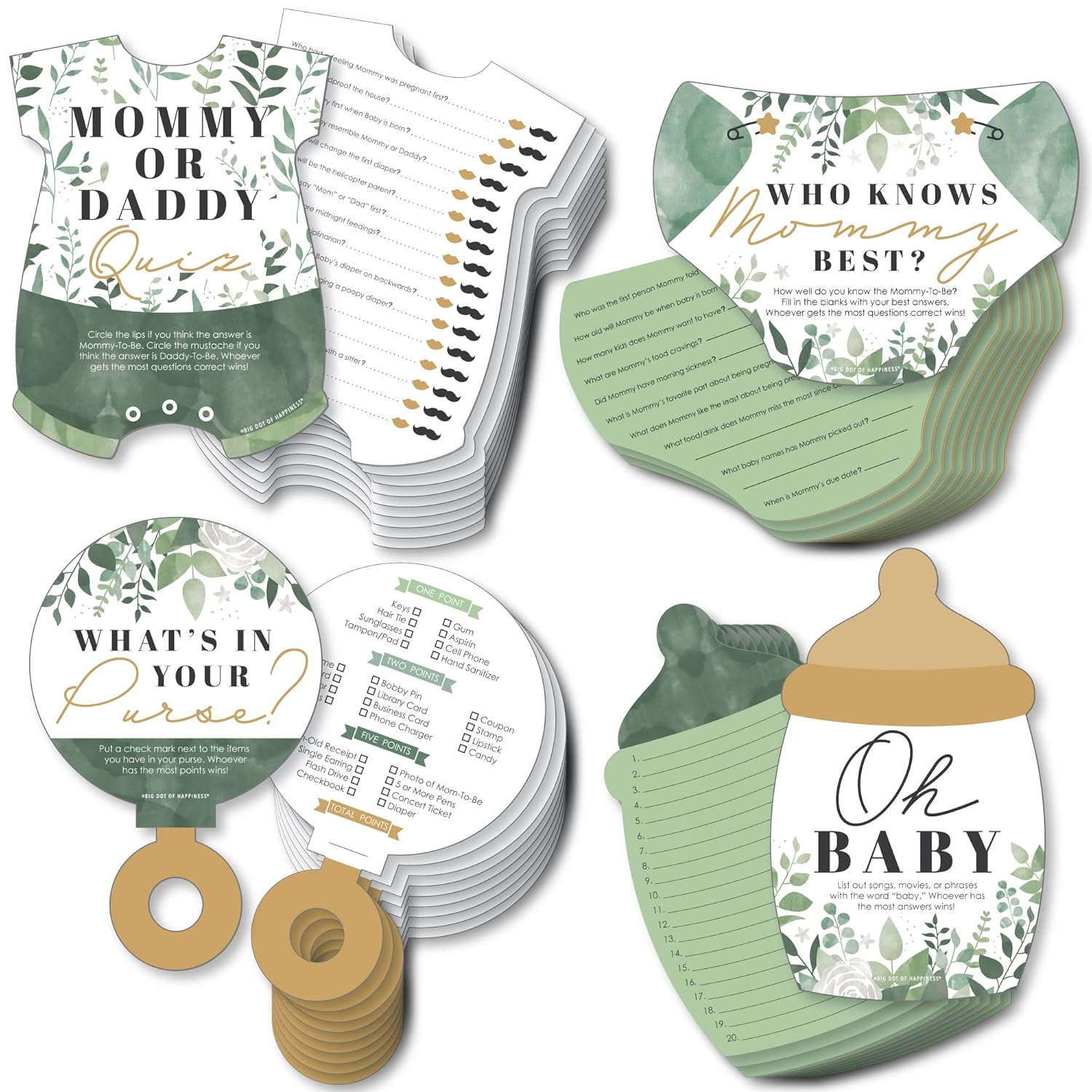 Big Dot of Happiness Boho Botanical Baby Shower Game Pack, 4 Unique Games, 10 Double-Sided Cards Each - Quiz, Facts, Purse Search, Wishes, Quality Design
