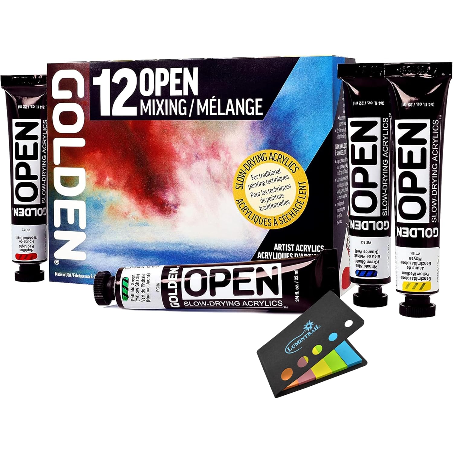 Golden Open Acrylic Paint Set, Mixing Painting Set, Slow Drying 12-Color Golden Acrylic Paint Sets Sticky Notes