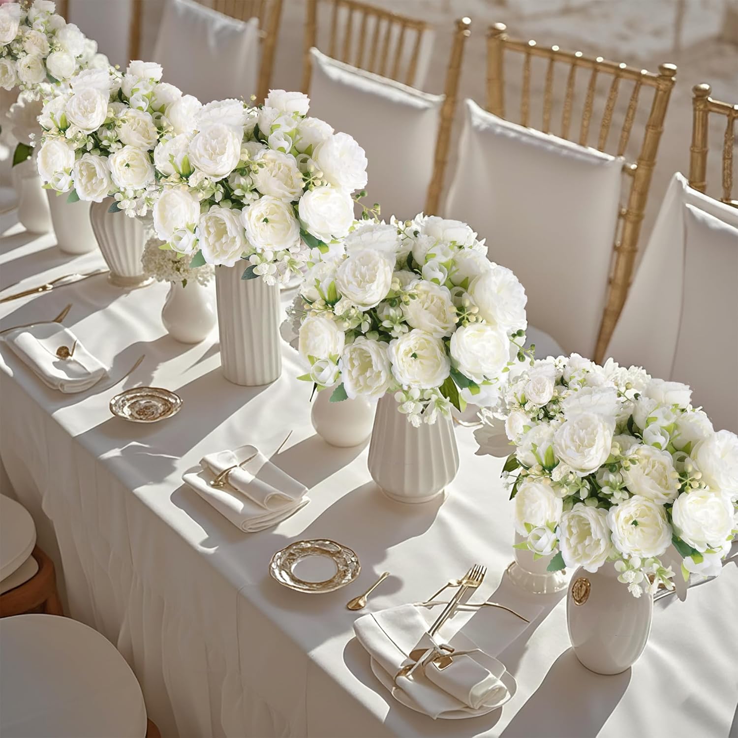 12 Bundles Peonies Artificial White Flowers Bouquet, Lifelike Silk Fake Peonies With Stems For Home Table Centerpieces, Wedding, Party & Diy Bridal Floral Arrangements (White)